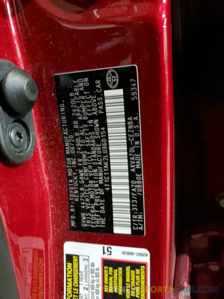 12 fotografías del automóvil dañado 4T1C11AK2LU960154 TOYOTA CAMRY 2020