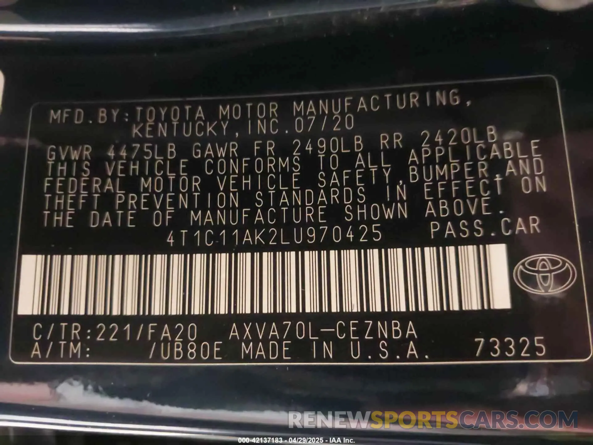 9 fotografías del automóvil dañado 4T1C11AK2LU970425 TOYOTA CAMRY 2020