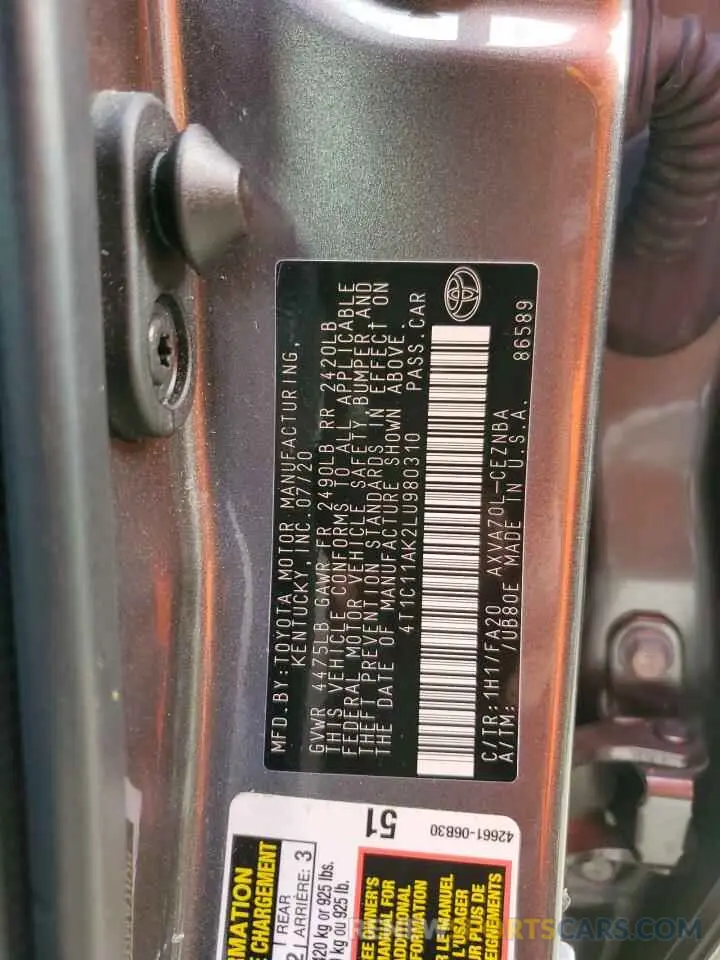 10 fotografías del automóvil dañado 4T1C11AK2LU980310 TOYOTA CAMRY 2020