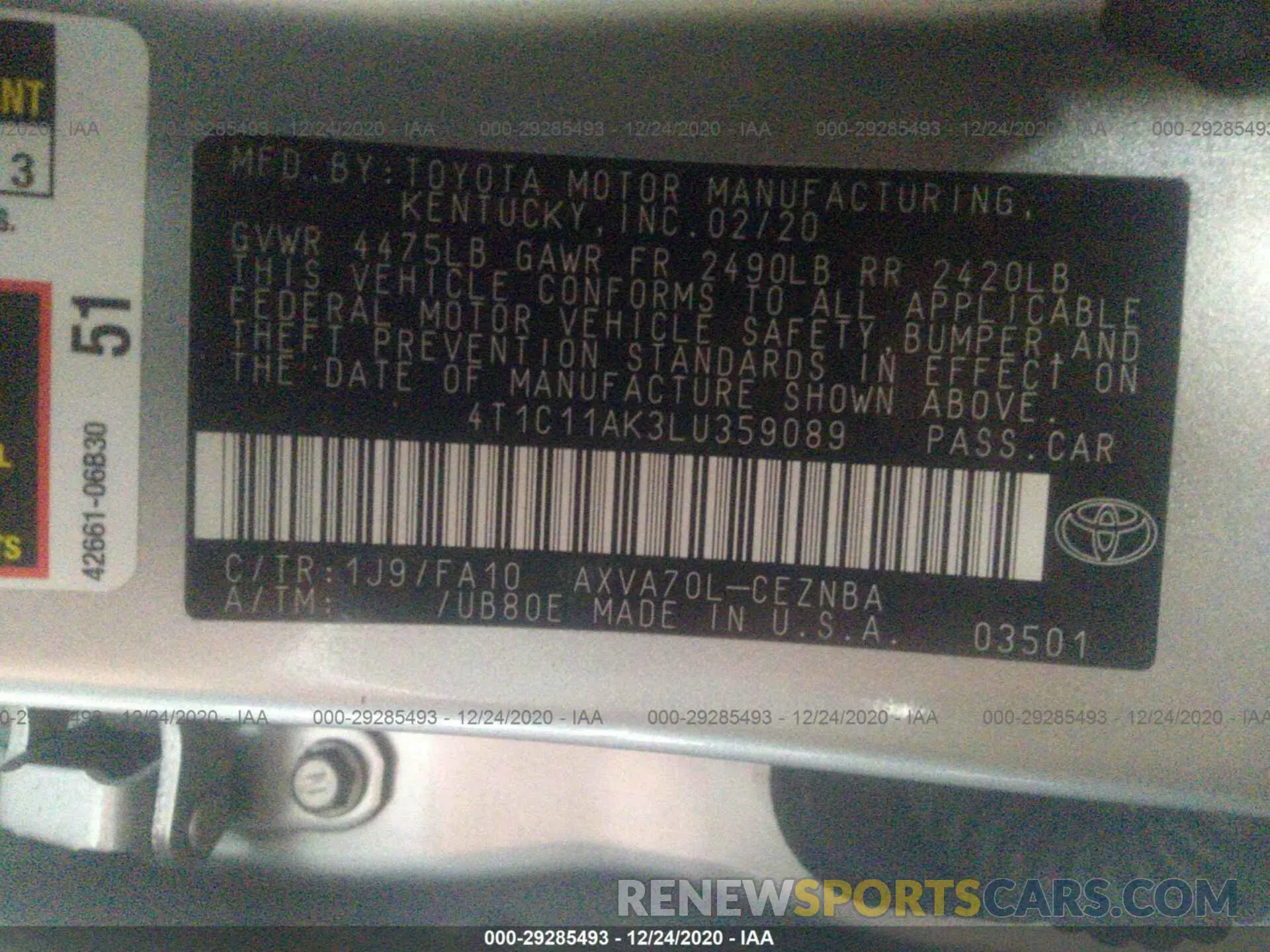 9 fotografías del automóvil dañado 4T1C11AK3LU359089 TOYOTA CAMRY 2020