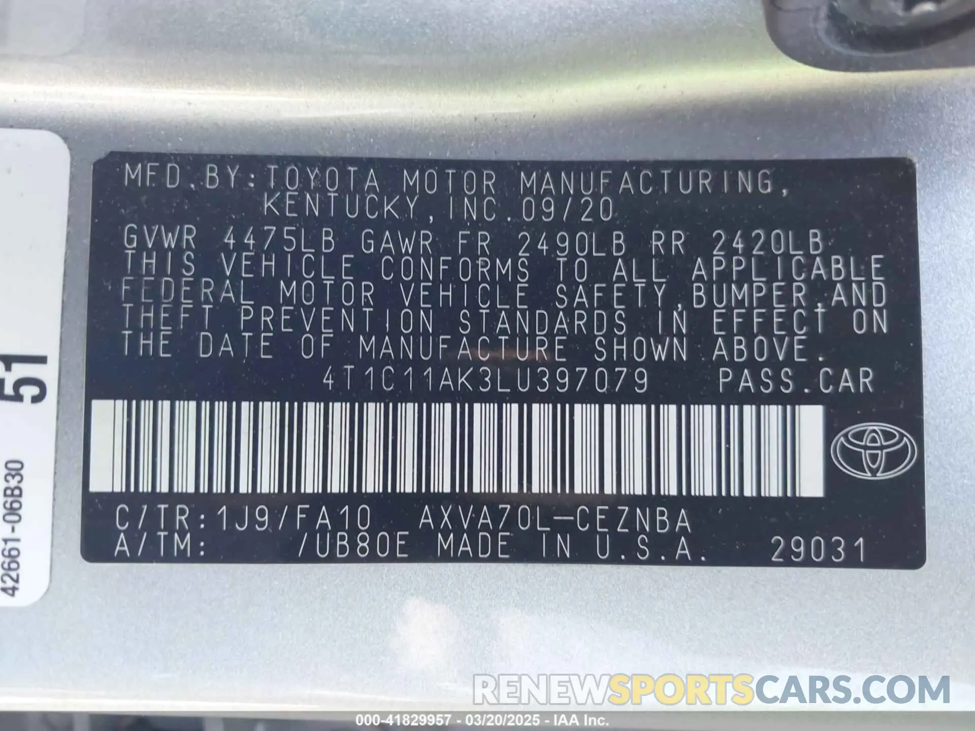 9 fotografías del automóvil dañado 4T1C11AK3LU397079 TOYOTA CAMRY 2020