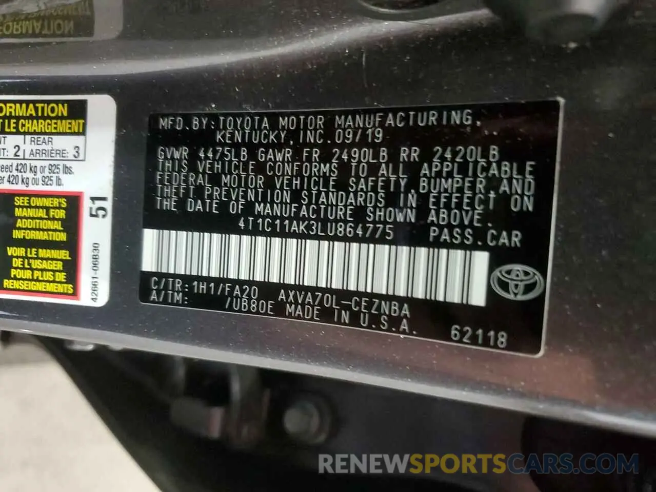 13 fotografías del automóvil dañado 4T1C11AK3LU864775 TOYOTA CAMRY 2020