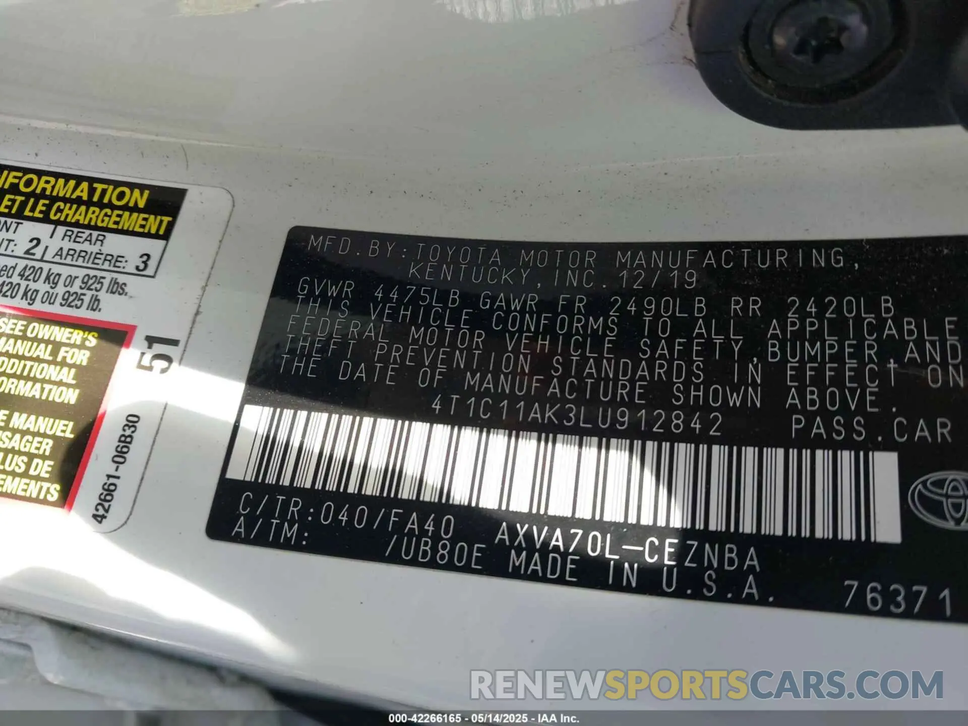 9 fotografías del automóvil dañado 4T1C11AK3LU912842 TOYOTA CAMRY 2020