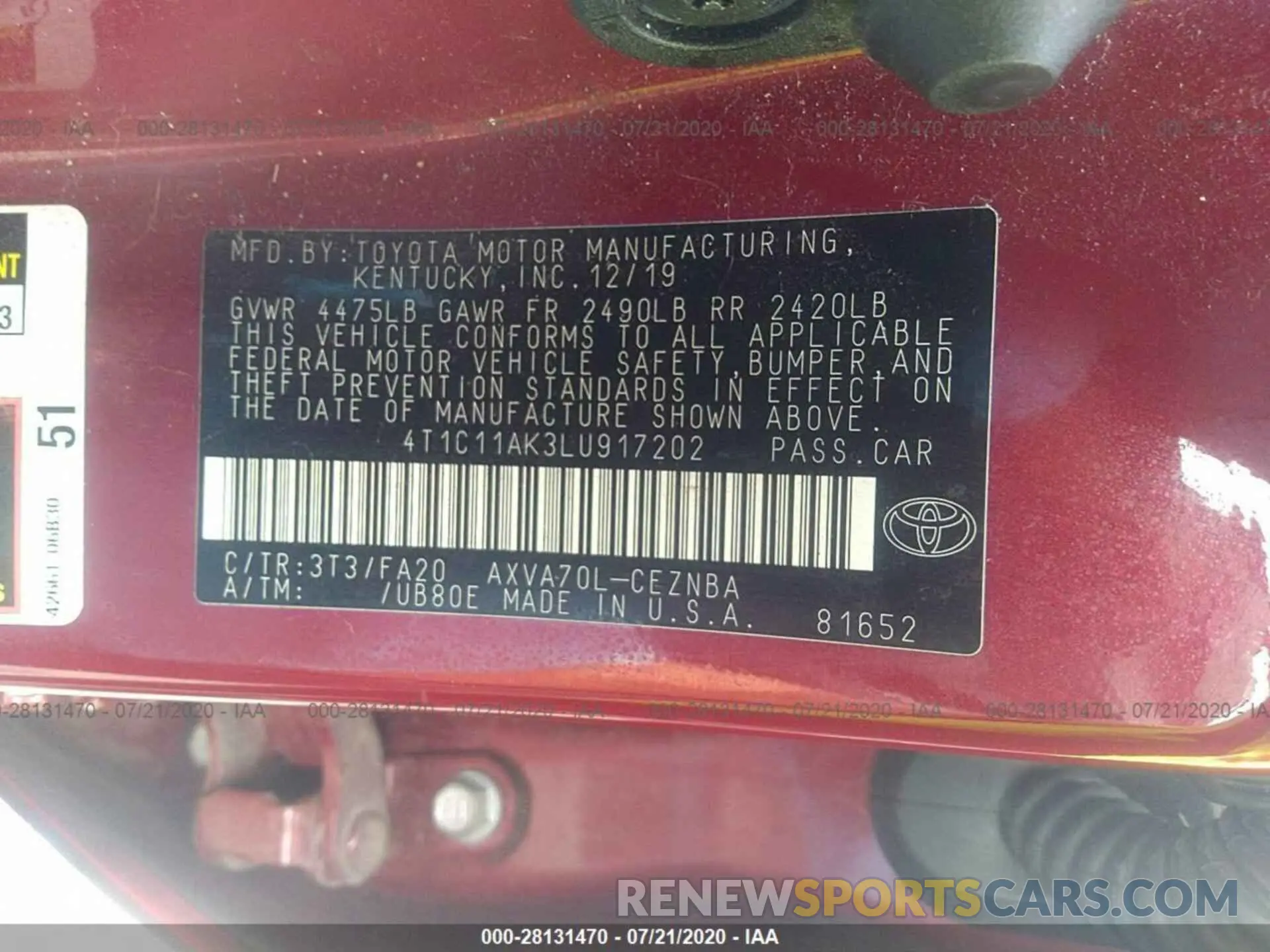 9 fotografías del automóvil dañado 4T1C11AK3LU917202 TOYOTA CAMRY 2020