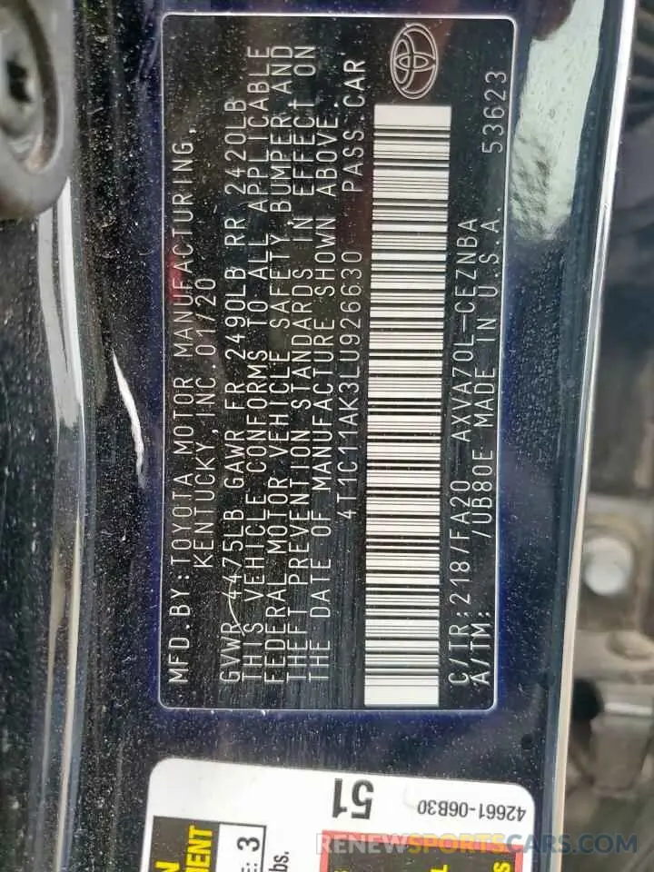 12 fotografías del automóvil dañado 4T1C11AK3LU926630 TOYOTA CAMRY 2020