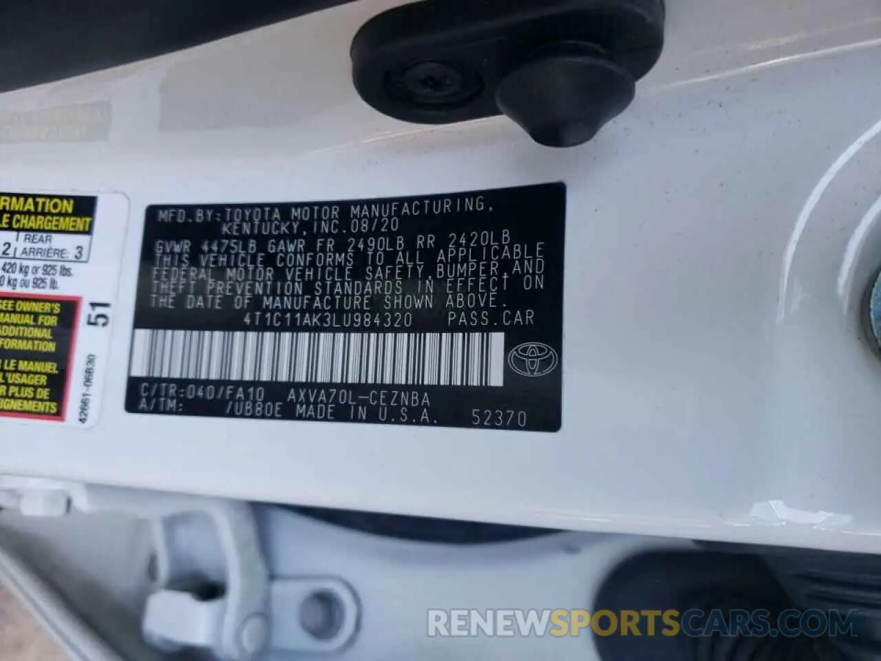12 fotografías del automóvil dañado 4T1C11AK3LU984320 TOYOTA CAMRY 2020