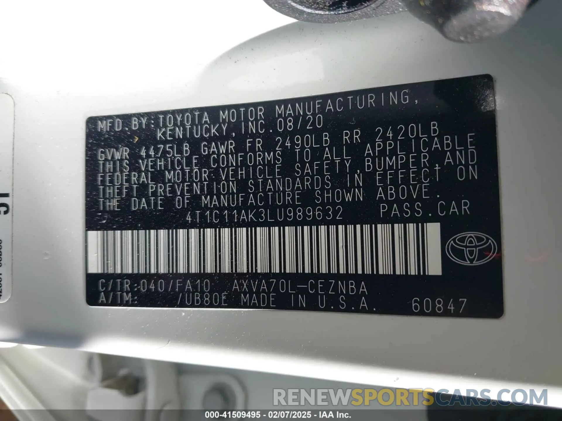 9 fotografías del automóvil dañado 4T1C11AK3LU989632 TOYOTA CAMRY 2020