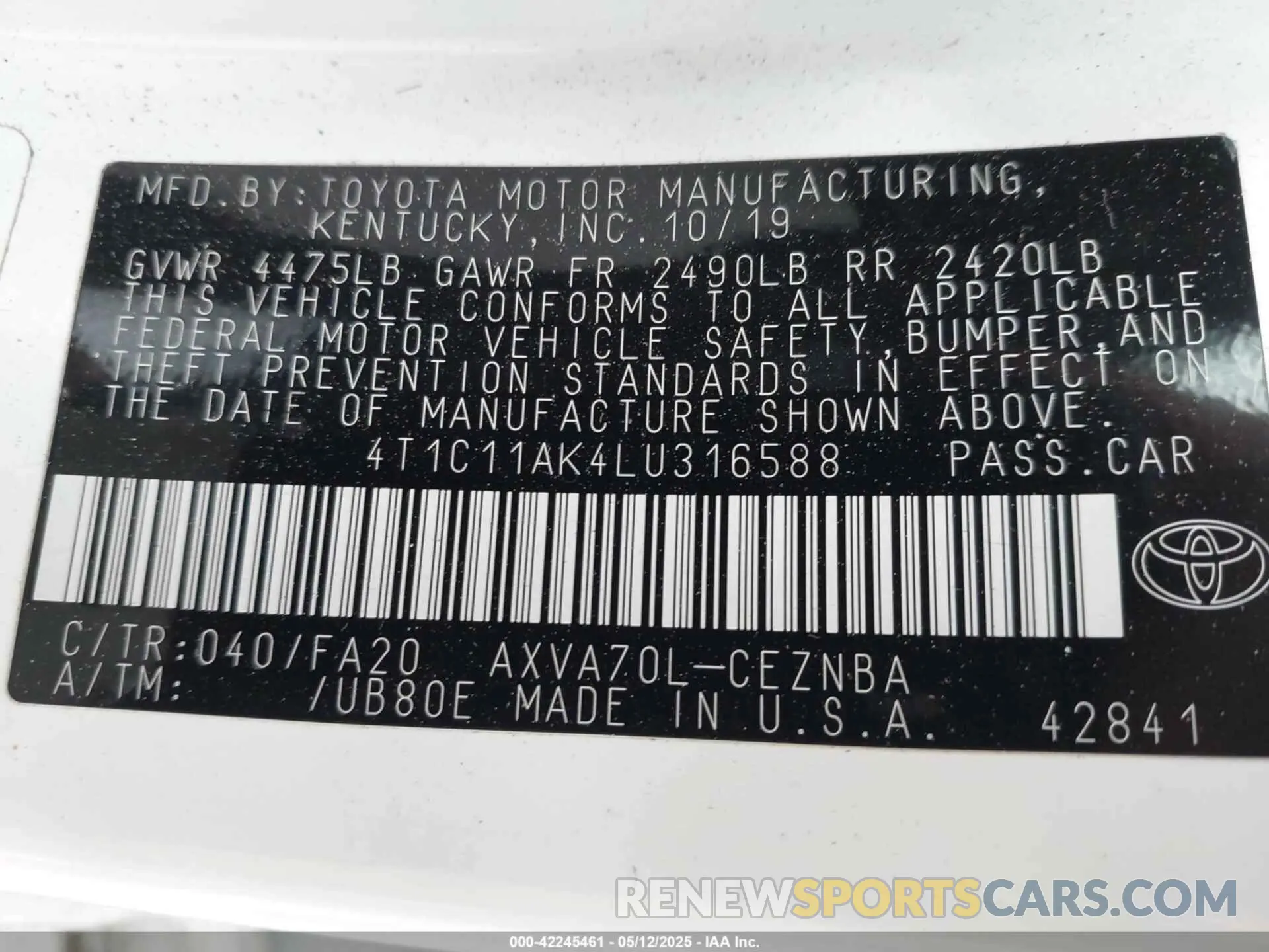 9 fotografías del automóvil dañado 4T1C11AK4LU316588 TOYOTA CAMRY 2020