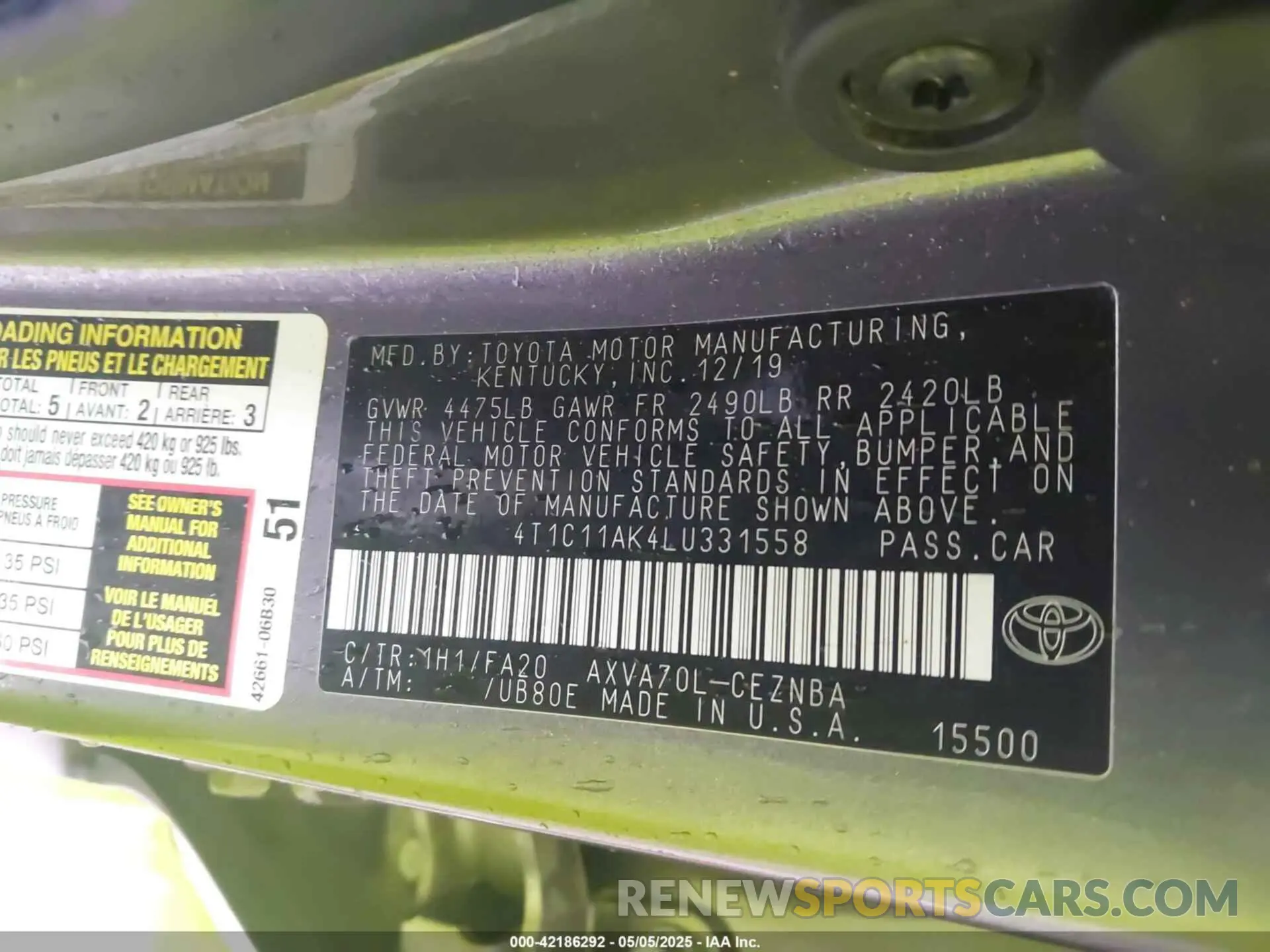 9 fotografías del automóvil dañado 4T1C11AK4LU331558 TOYOTA CAMRY 2020