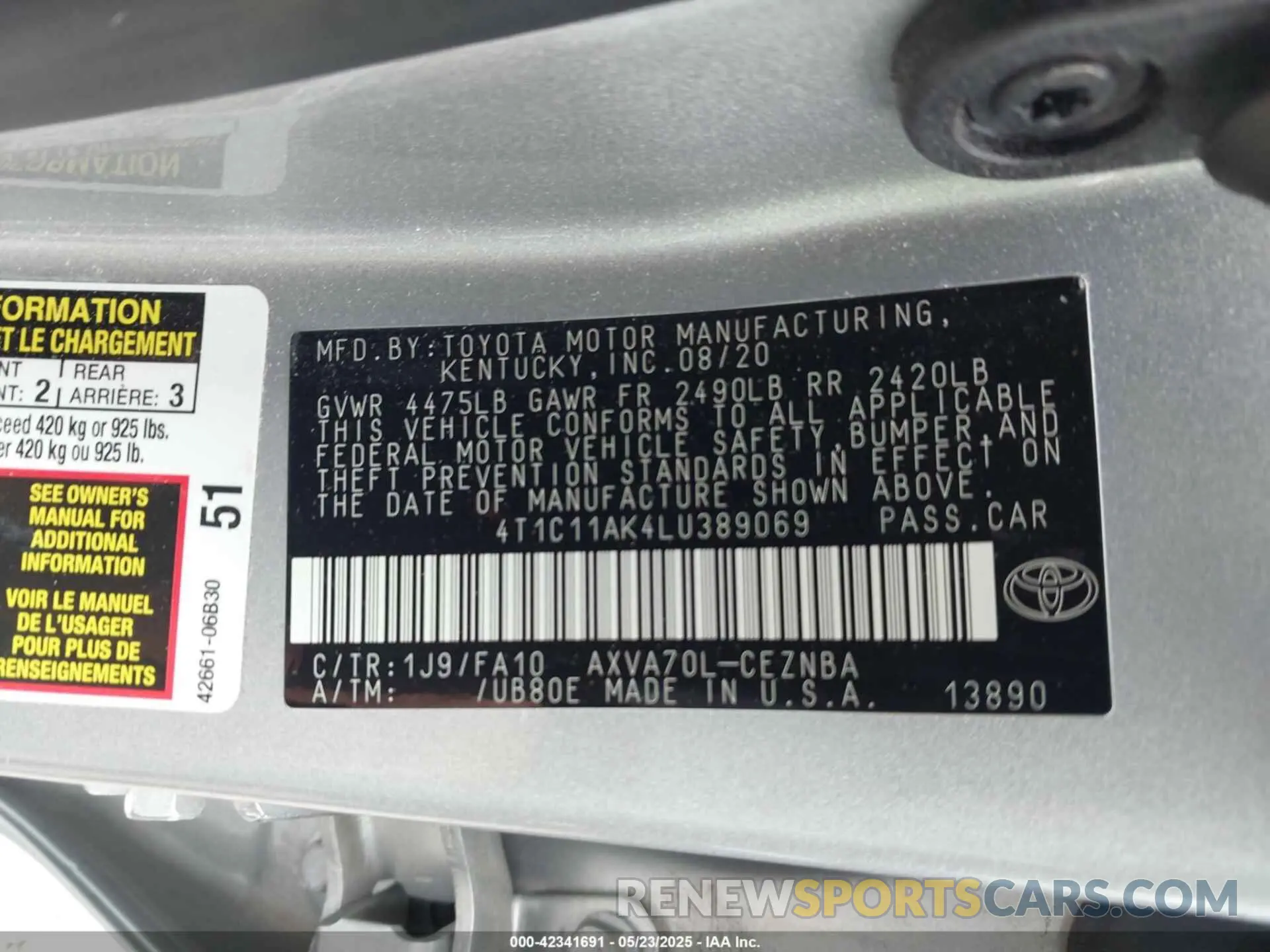 9 fotografías del automóvil dañado 4T1C11AK4LU389069 TOYOTA CAMRY 2020