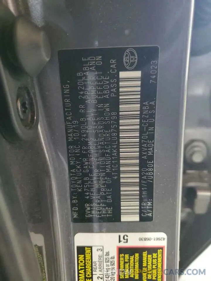 12 fotografías del automóvil dañado 4T1C11AK4LU875798 TOYOTA CAMRY 2020