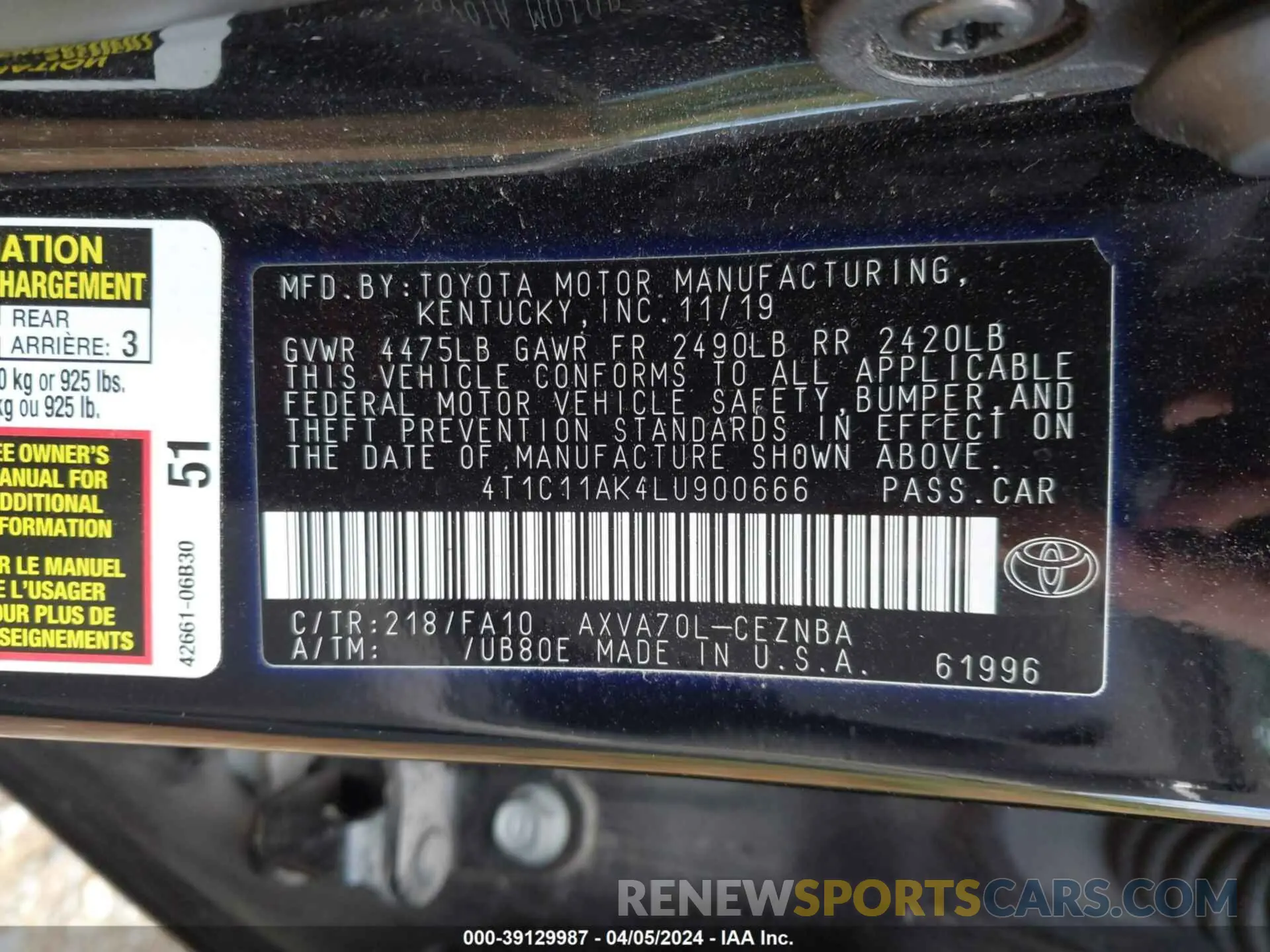 9 fotografías del automóvil dañado 4T1C11AK4LU900666 TOYOTA CAMRY 2020