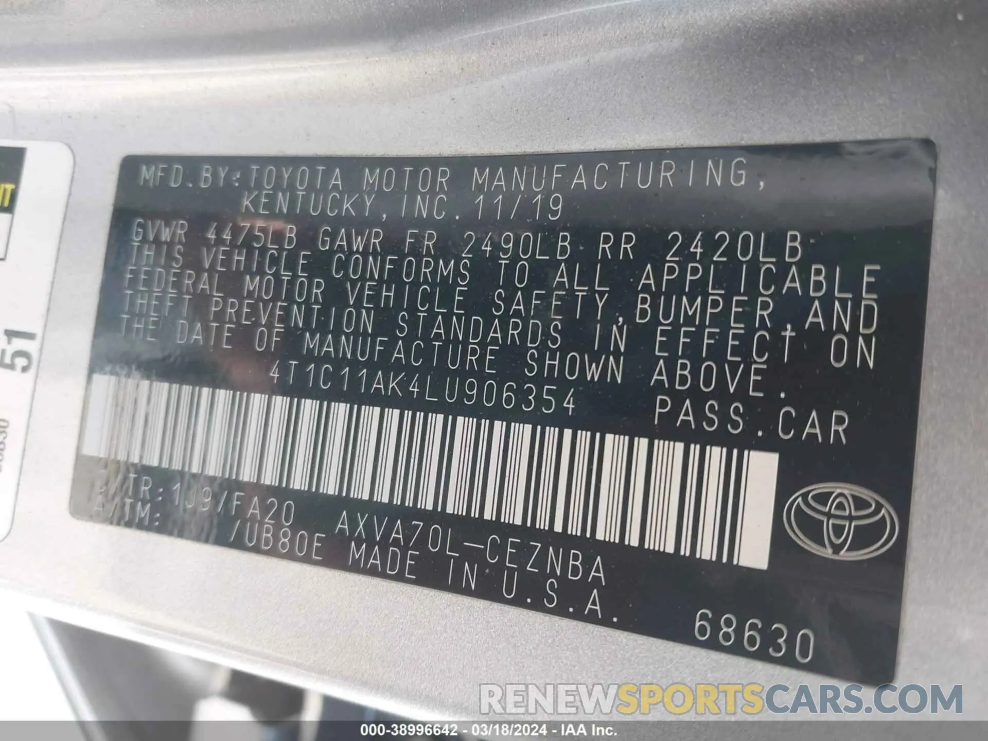 9 fotografías del automóvil dañado 4T1C11AK4LU906354 TOYOTA CAMRY 2020