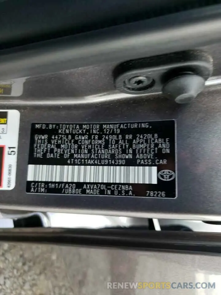 10 fotografías del automóvil dañado 4T1C11AK4LU914390 TOYOTA CAMRY 2020