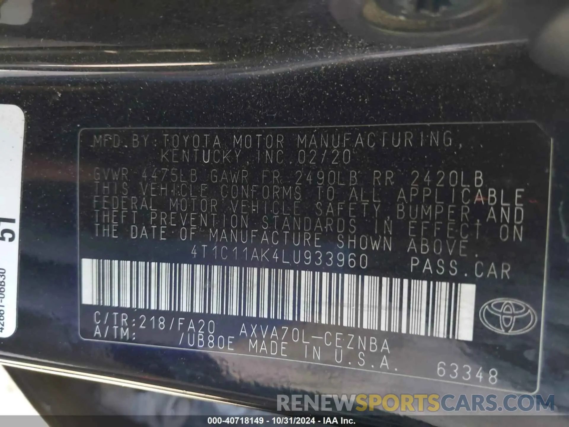 9 fotografías del automóvil dañado 4T1C11AK4LU933960 TOYOTA CAMRY 2020