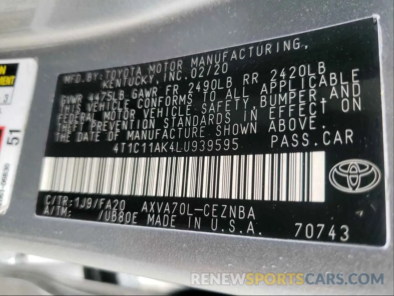 10 fotografías del automóvil dañado 4T1C11AK4LU939595 TOYOTA CAMRY 2020