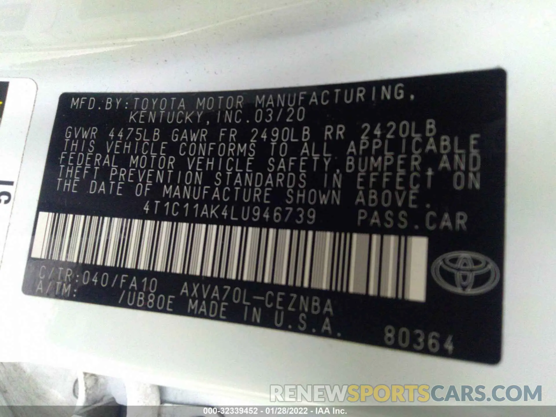 9 fotografías del automóvil dañado 4T1C11AK4LU946739 TOYOTA CAMRY 2020
