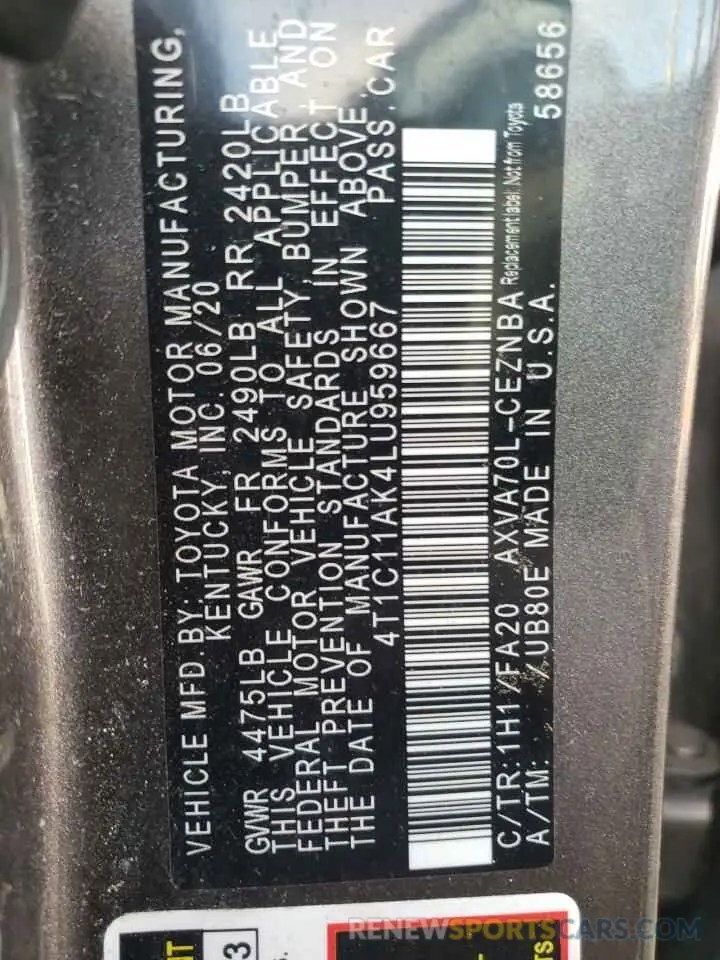 12 fotografías del automóvil dañado 4T1C11AK4LU959667 TOYOTA CAMRY 2020