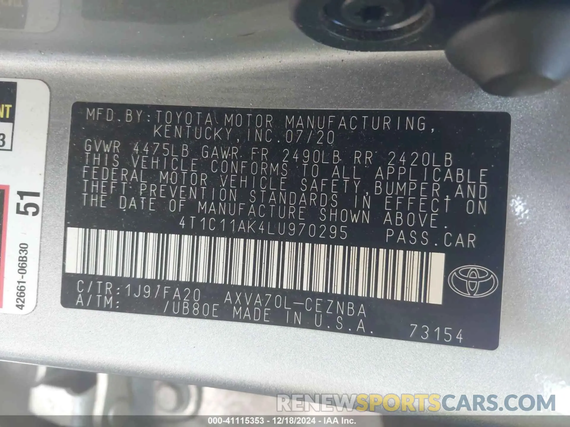 9 fotografías del automóvil dañado 4T1C11AK4LU970295 TOYOTA CAMRY 2020