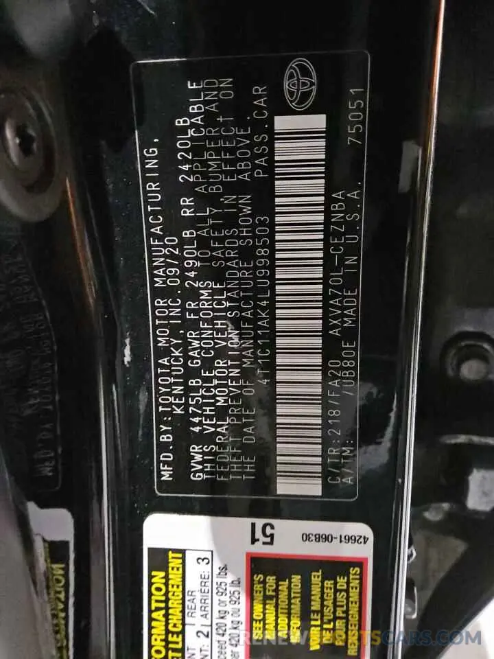 12 fotografías del automóvil dañado 4T1C11AK4LU998503 TOYOTA CAMRY 2020