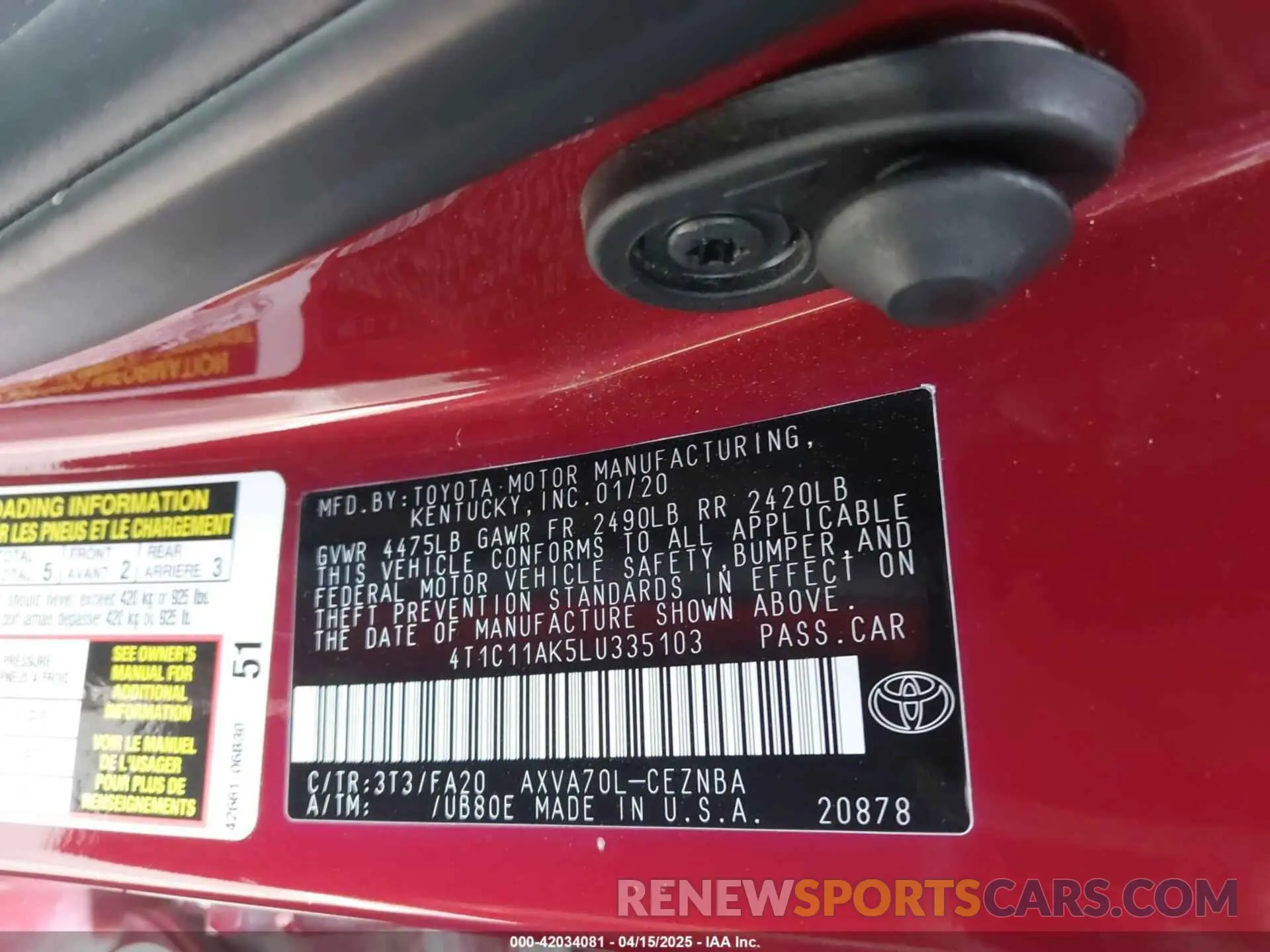 9 fotografías del automóvil dañado 4T1C11AK5LU335103 TOYOTA CAMRY 2020
