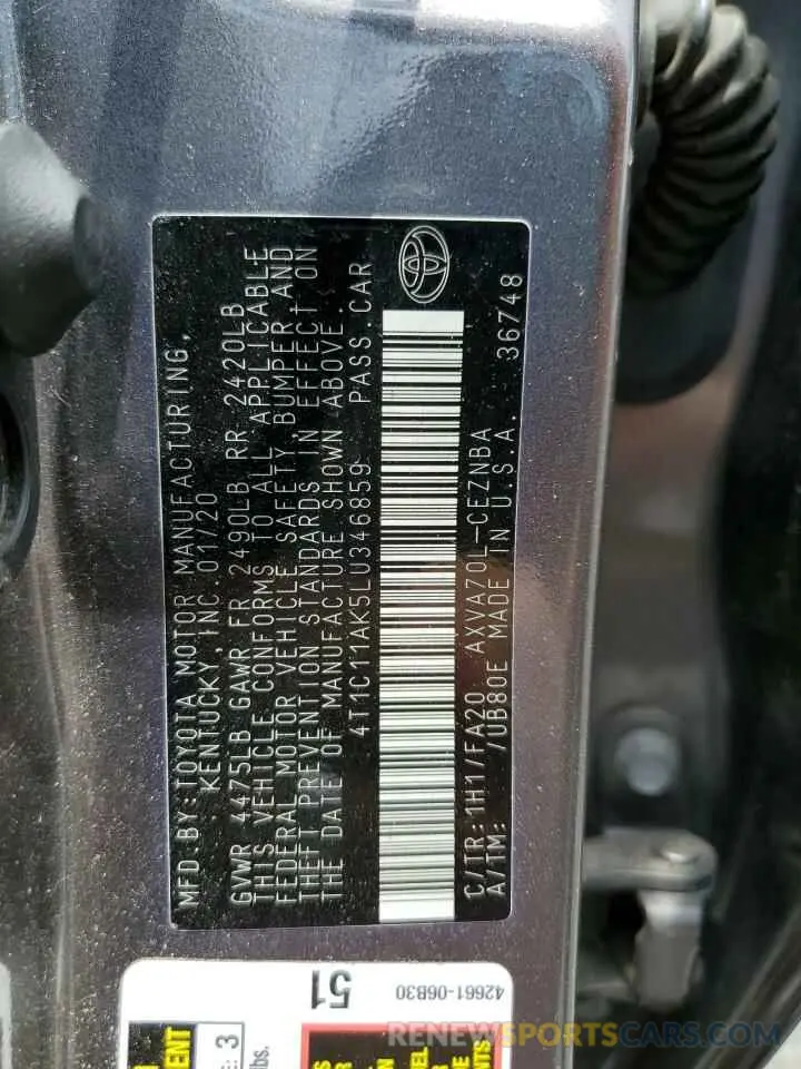 13 fotografías del automóvil dañado 4T1C11AK5LU346859 TOYOTA CAMRY 2020