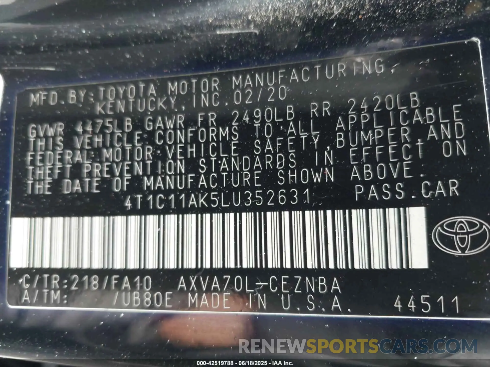 9 fotografías del automóvil dañado 4T1C11AK5LU352631 TOYOTA CAMRY 2020