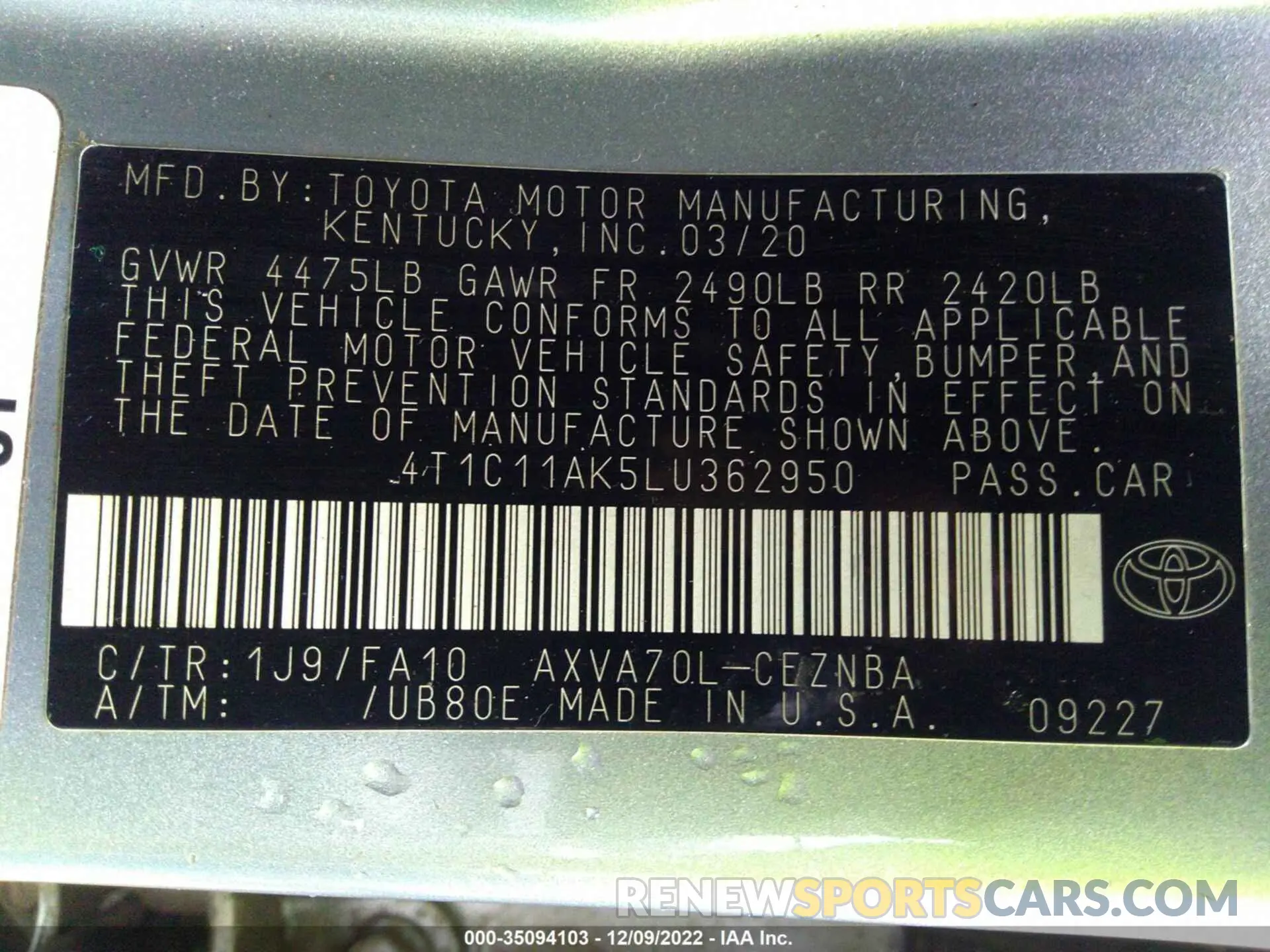 9 fotografías del automóvil dañado 4T1C11AK5LU362950 TOYOTA CAMRY 2020
