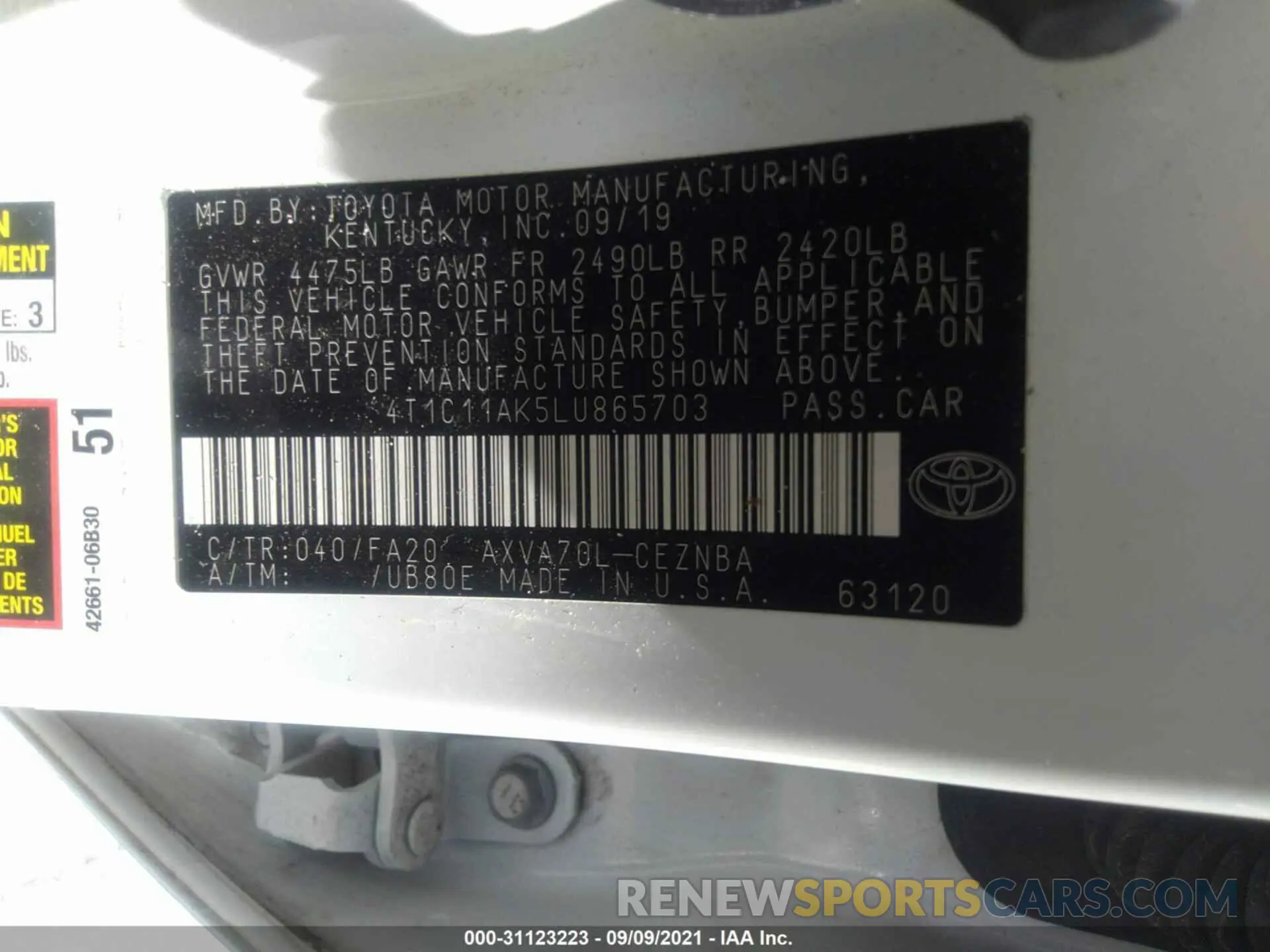 9 fotografías del automóvil dañado 4T1C11AK5LU865703 TOYOTA CAMRY 2020