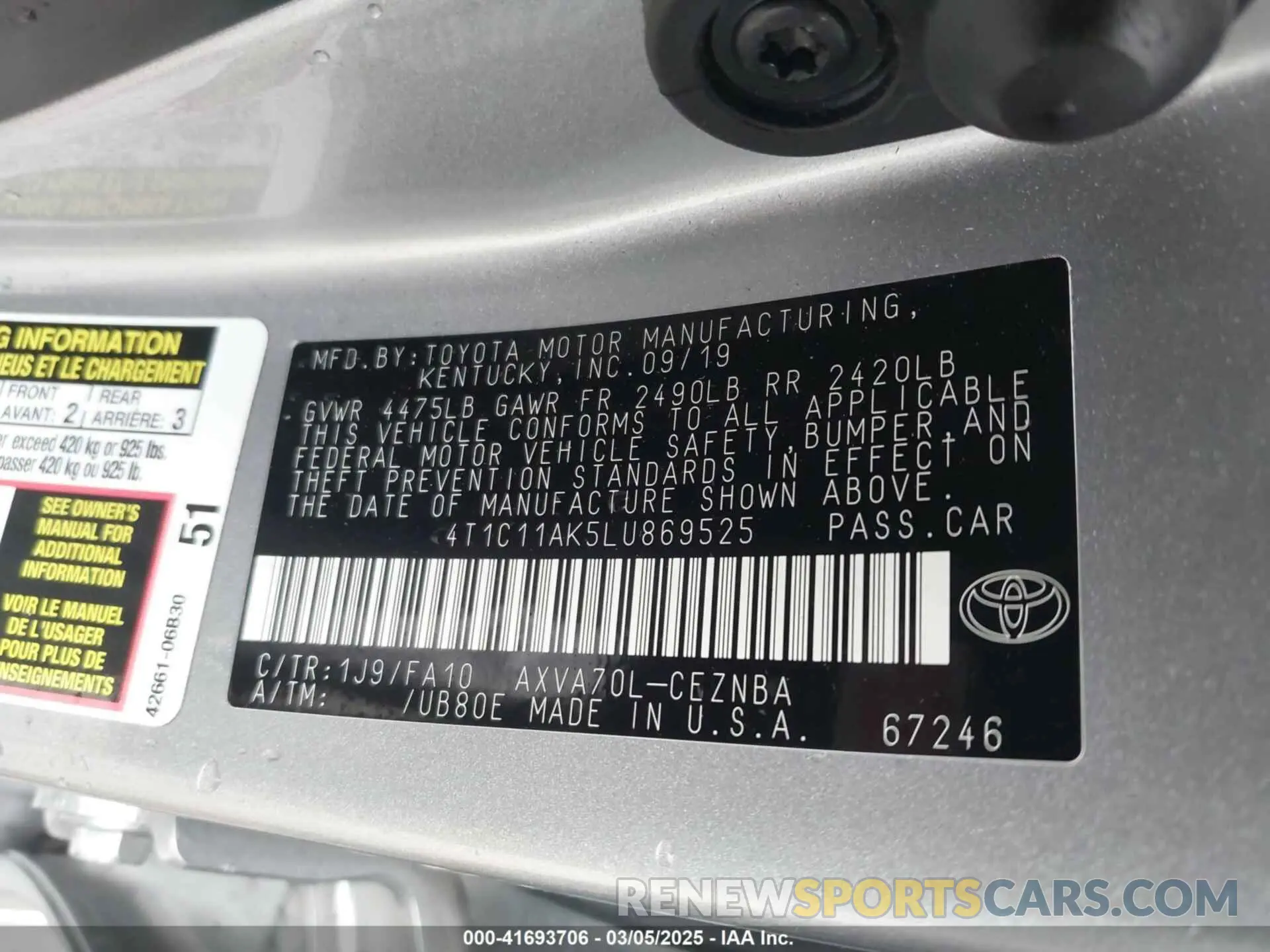 9 fotografías del automóvil dañado 4T1C11AK5LU869525 TOYOTA CAMRY 2020