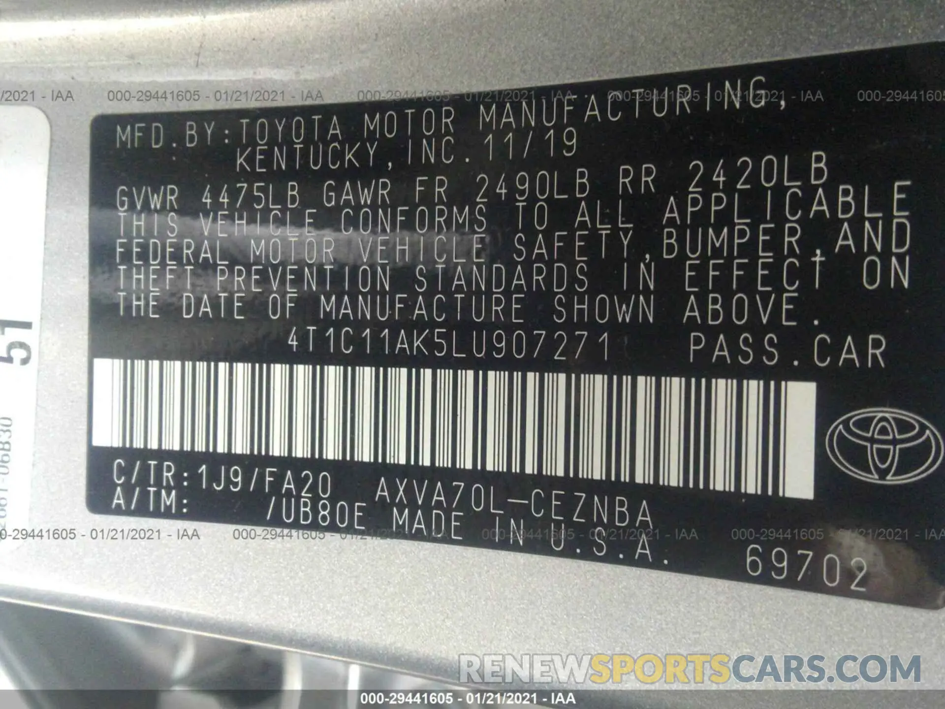 9 fotografías del automóvil dañado 4T1C11AK5LU907271 TOYOTA CAMRY 2020