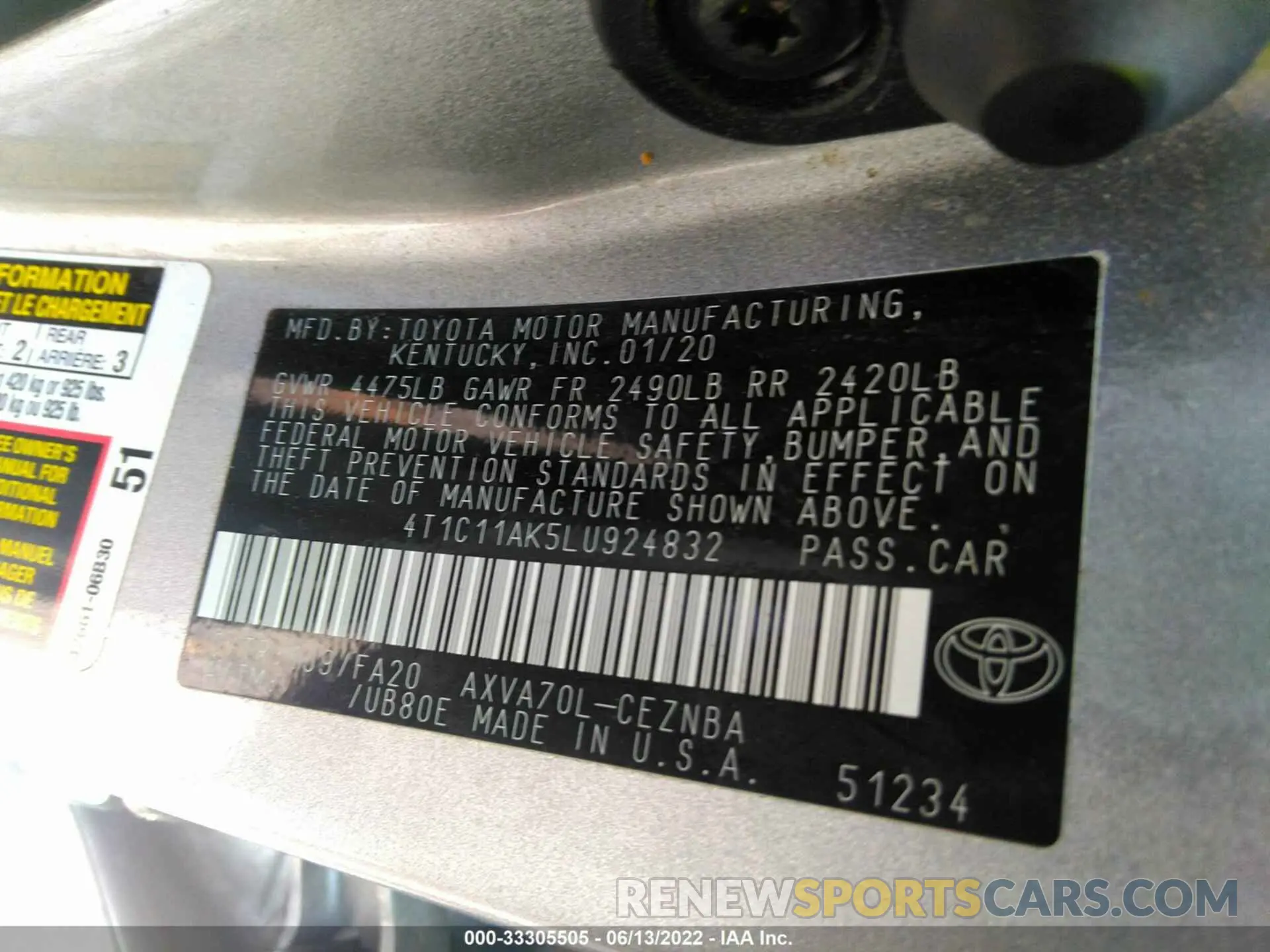 9 fotografías del automóvil dañado 4T1C11AK5LU924832 TOYOTA CAMRY 2020