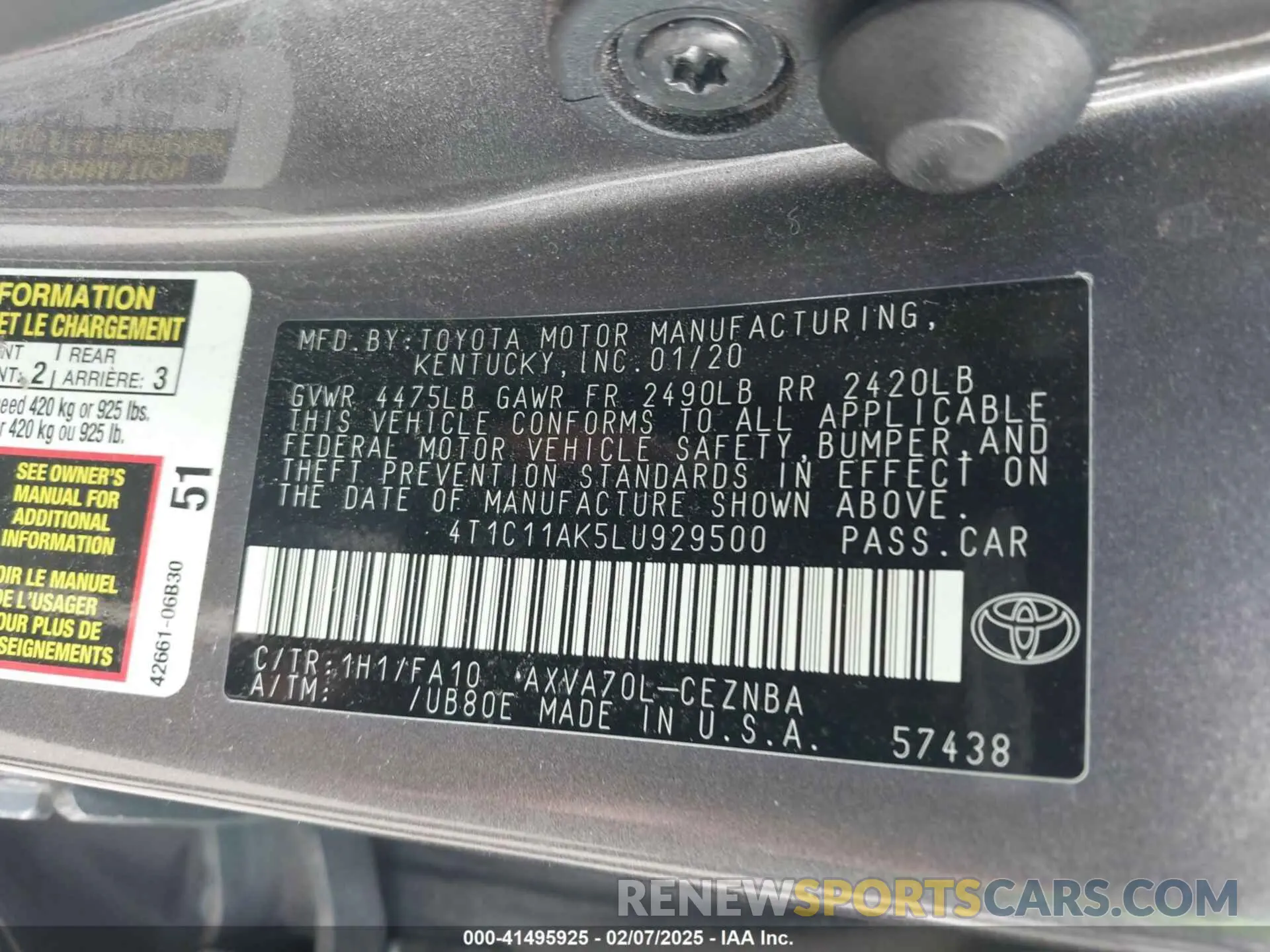 9 fotografías del automóvil dañado 4T1C11AK5LU929500 TOYOTA CAMRY 2020
