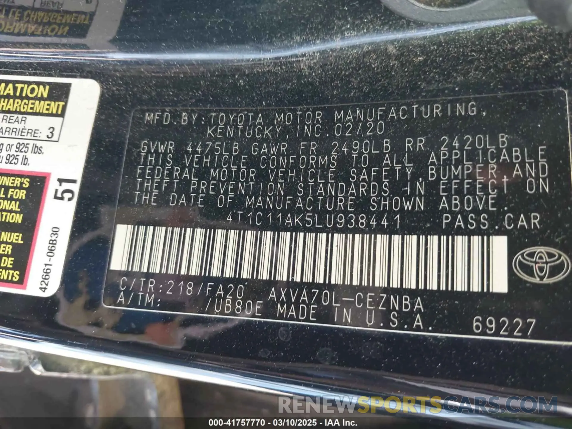 9 fotografías del automóvil dañado 4T1C11AK5LU938441 TOYOTA CAMRY 2020