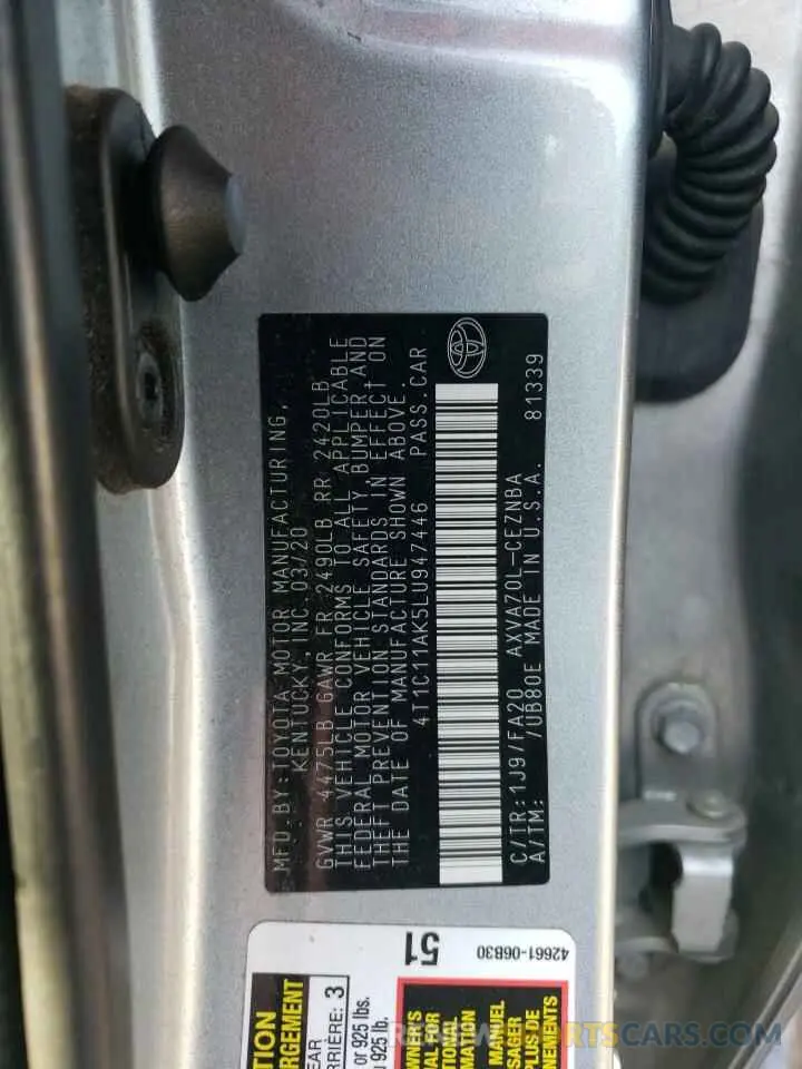 15 fotografías del automóvil dañado 4T1C11AK5LU947446 TOYOTA CAMRY 2020