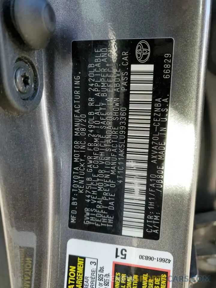 13 fotografías del automóvil dañado 4T1C11AK5LU993360 TOYOTA CAMRY 2020