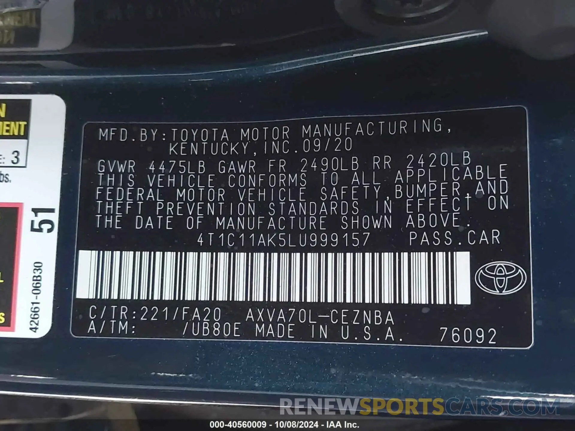 9 fotografías del automóvil dañado 4T1C11AK5LU999157 TOYOTA CAMRY 2020