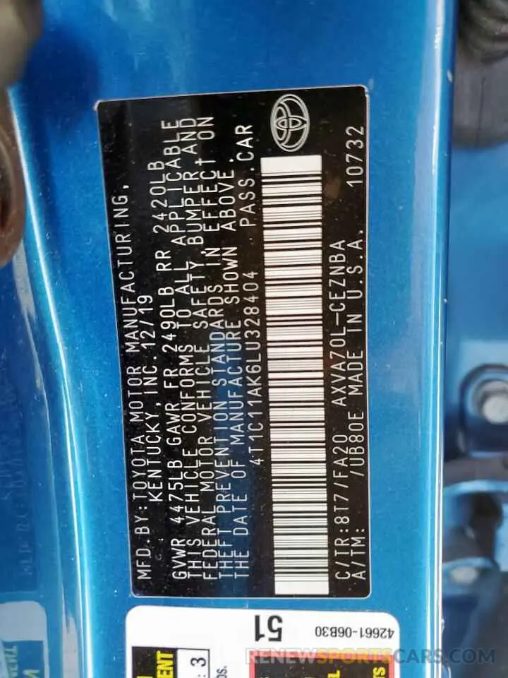 12 fotografías del automóvil dañado 4T1C11AK6LU328404 TOYOTA CAMRY 2020