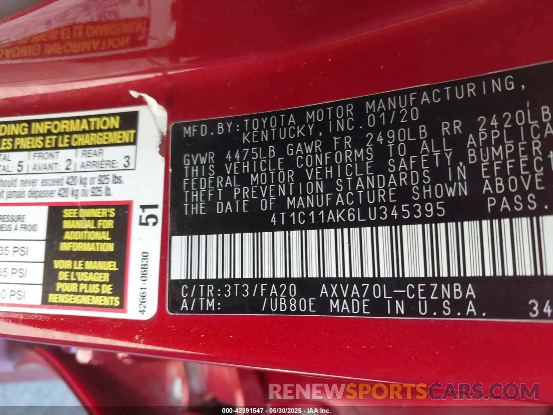 9 fotografías del automóvil dañado 4T1C11AK6LU345395 TOYOTA CAMRY 2020