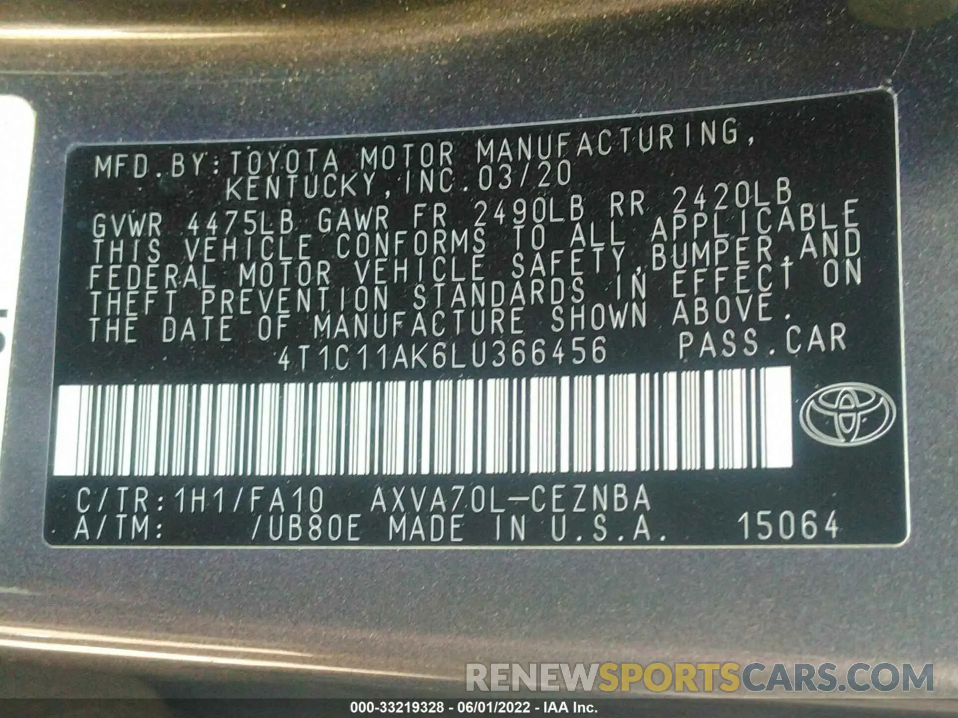 9 fotografías del automóvil dañado 4T1C11AK6LU366456 TOYOTA CAMRY 2020