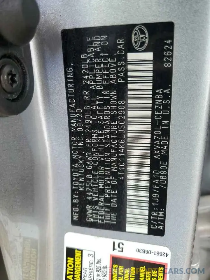 12 fotografías del automóvil dañado 4T1C11AK6LU502908 TOYOTA CAMRY 2020