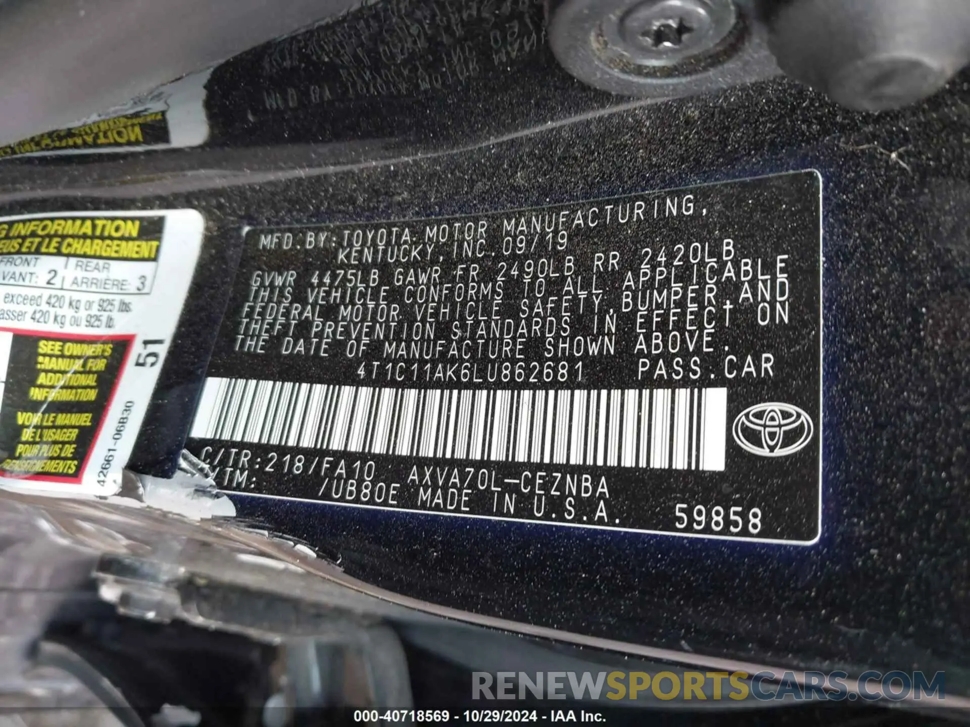 9 fotografías del automóvil dañado 4T1C11AK6LU862681 TOYOTA CAMRY 2020