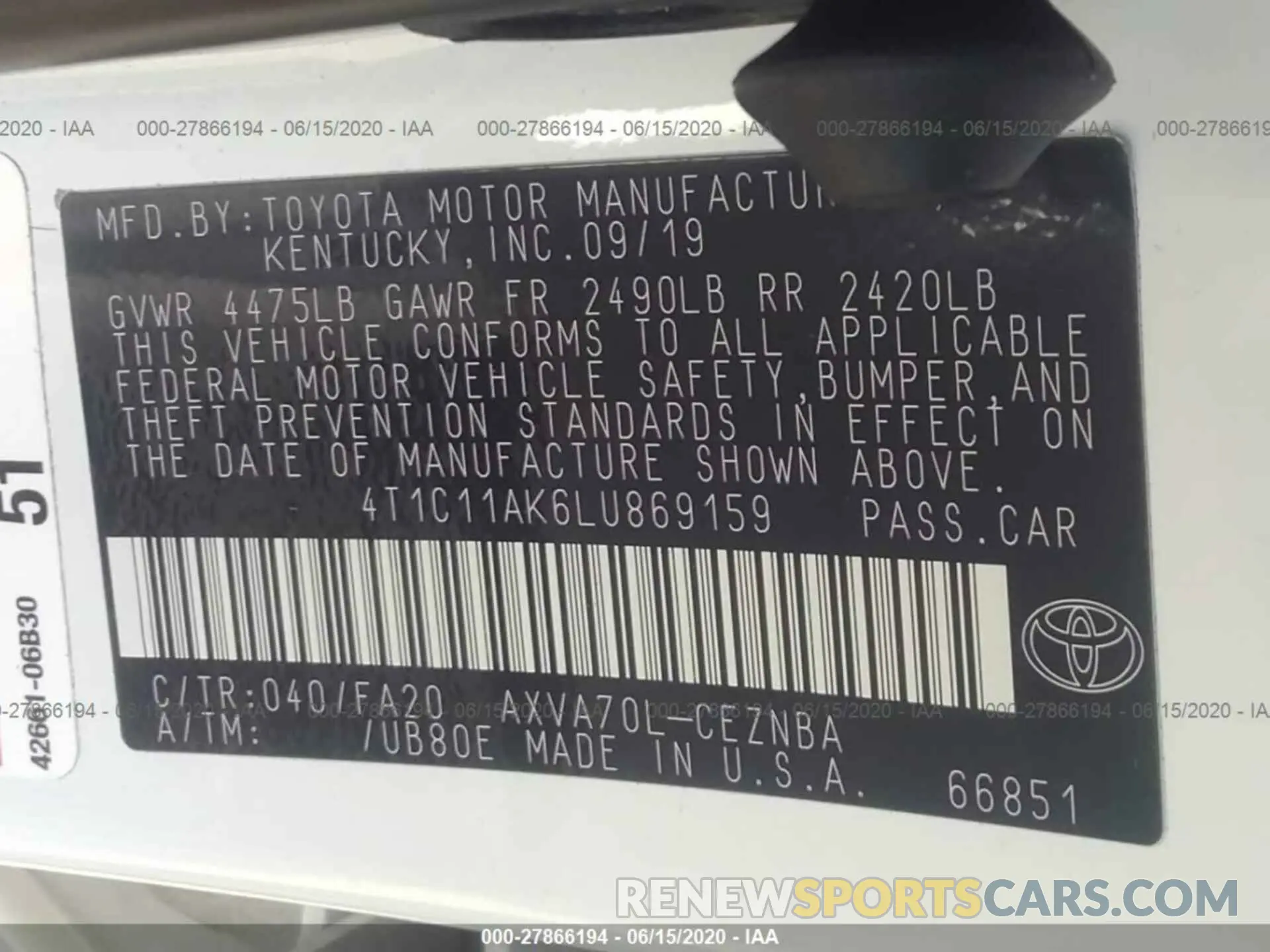 9 fotografías del automóvil dañado 4T1C11AK6LU869159 TOYOTA CAMRY 2020