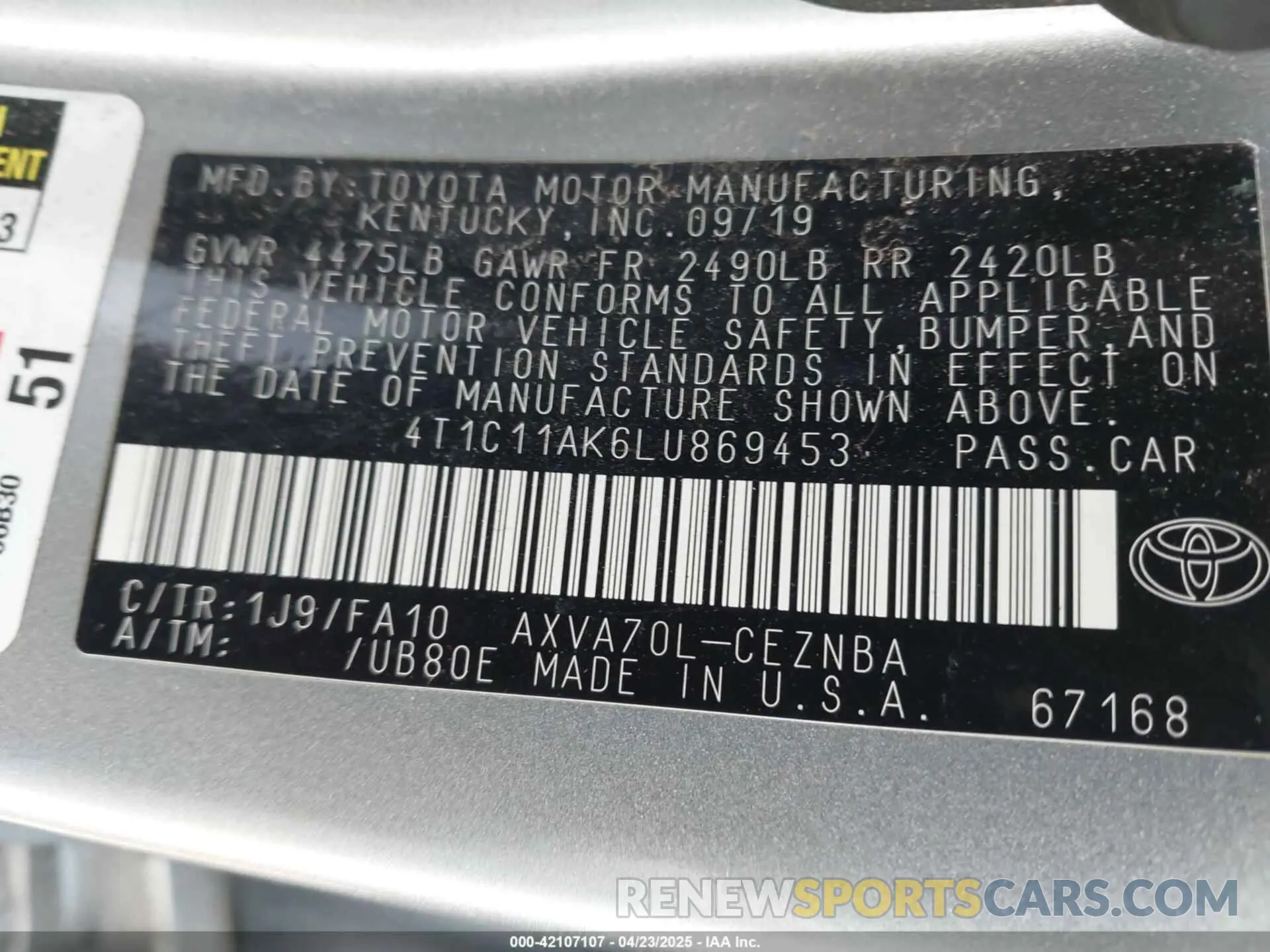 9 fotografías del automóvil dañado 4T1C11AK6LU869453 TOYOTA CAMRY 2020