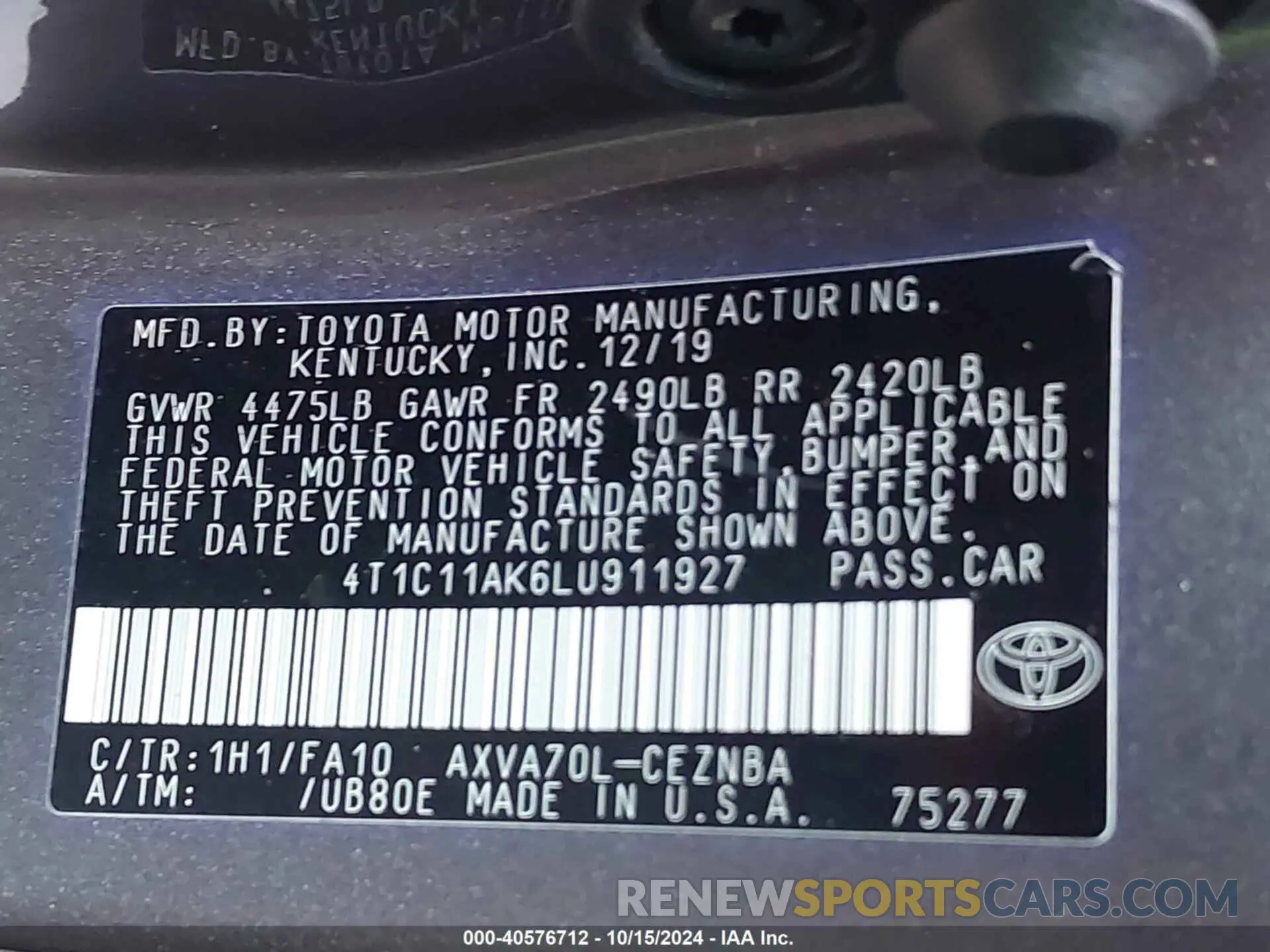 9 fotografías del automóvil dañado 4T1C11AK6LU911927 TOYOTA CAMRY 2020