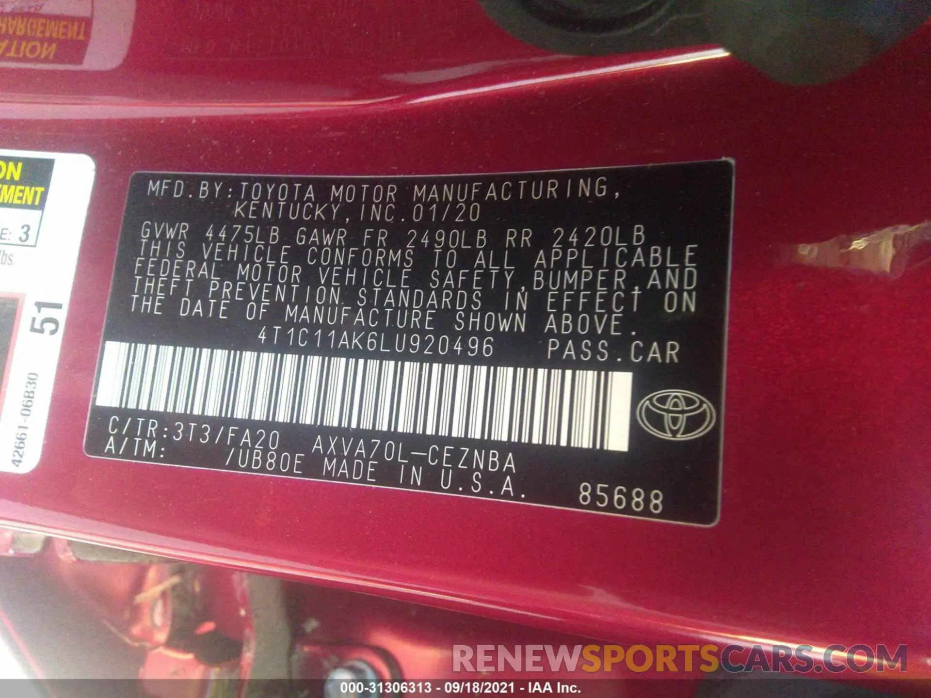 9 fotografías del automóvil dañado 4T1C11AK6LU920496 TOYOTA CAMRY 2020