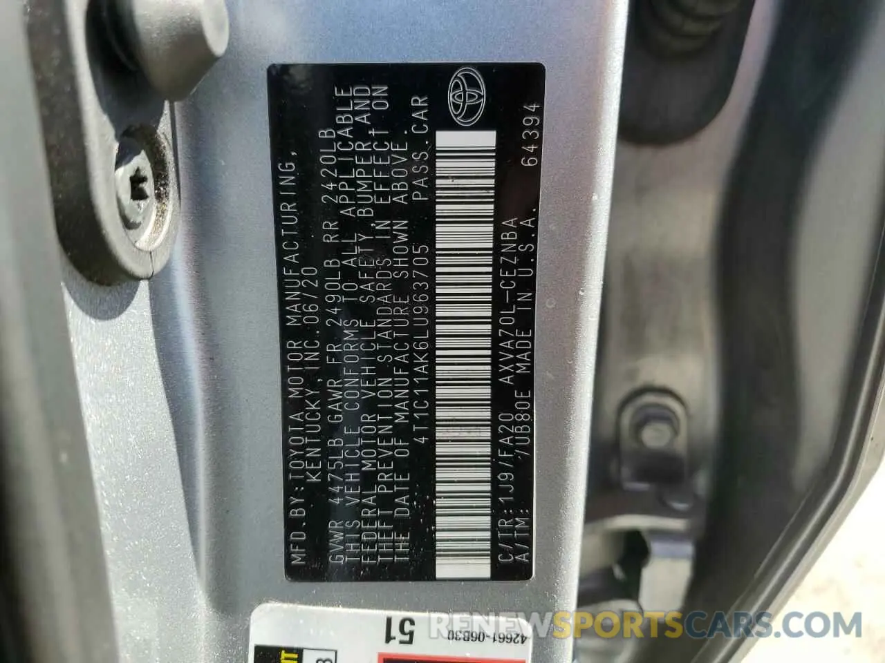 10 fotografías del automóvil dañado 4T1C11AK6LU963705 TOYOTA CAMRY 2020