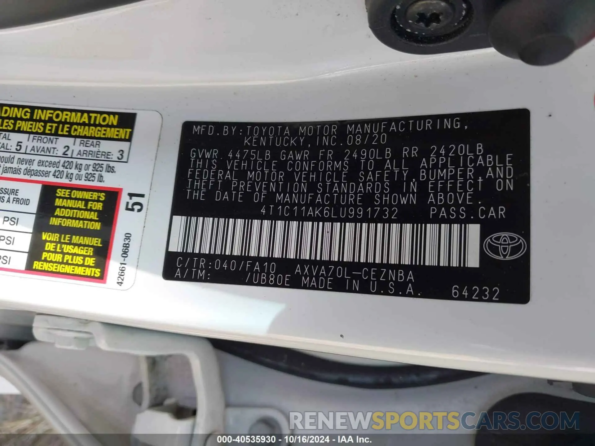 9 fotografías del automóvil dañado 4T1C11AK6LU991732 TOYOTA CAMRY 2020