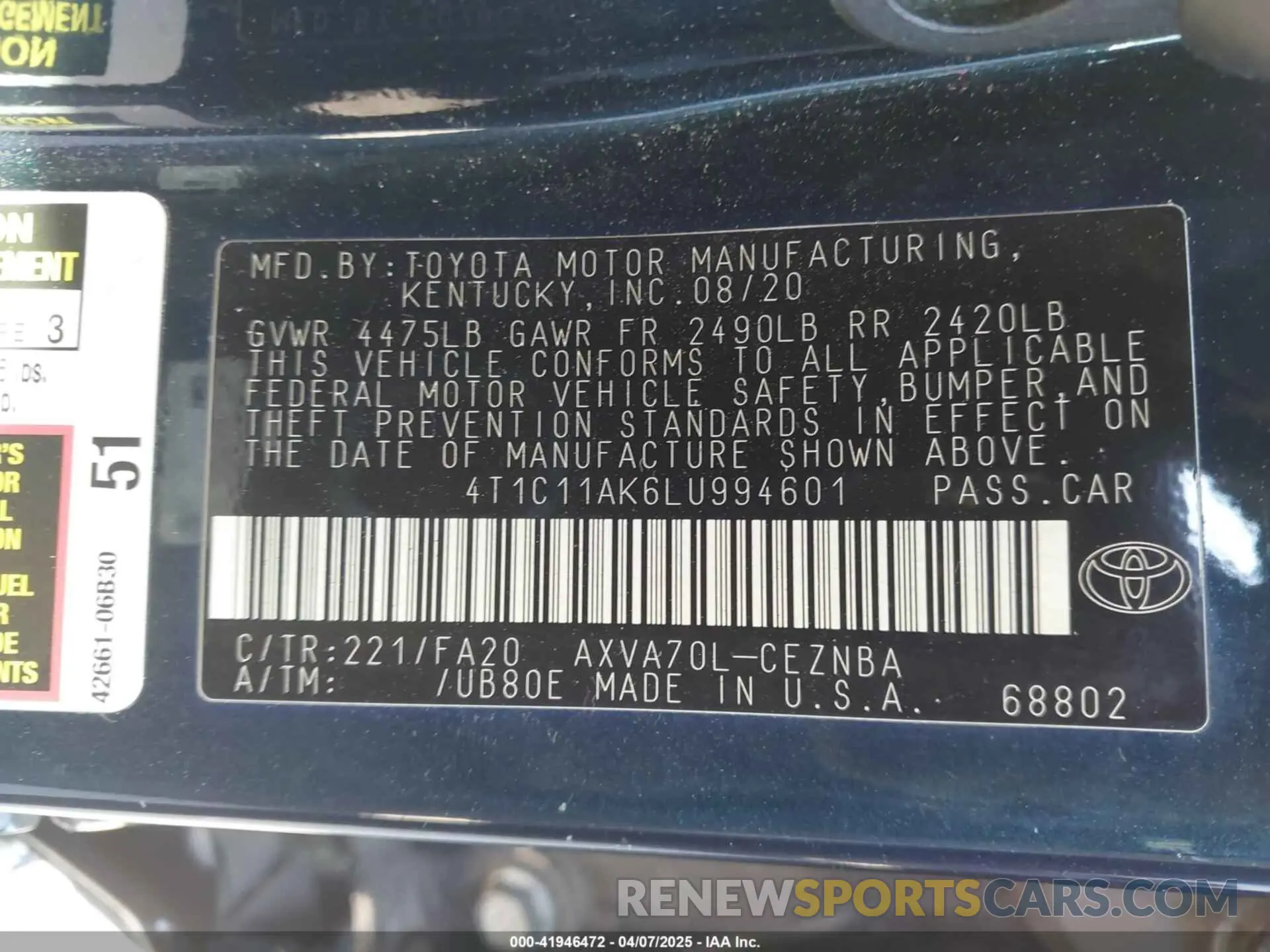 9 fotografías del automóvil dañado 4T1C11AK6LU994601 TOYOTA CAMRY 2020