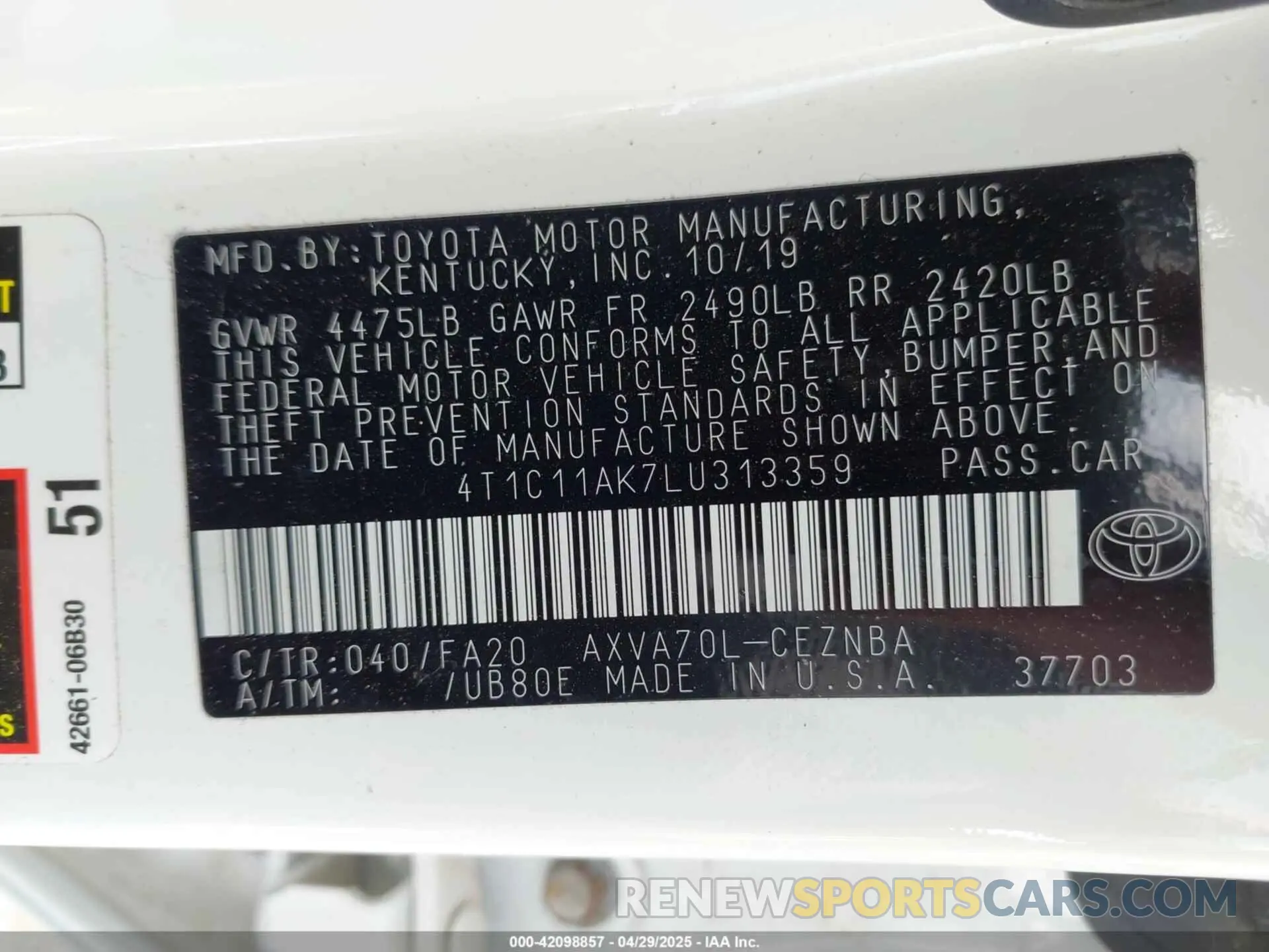 9 fotografías del automóvil dañado 4T1C11AK7LU313359 TOYOTA CAMRY 2020